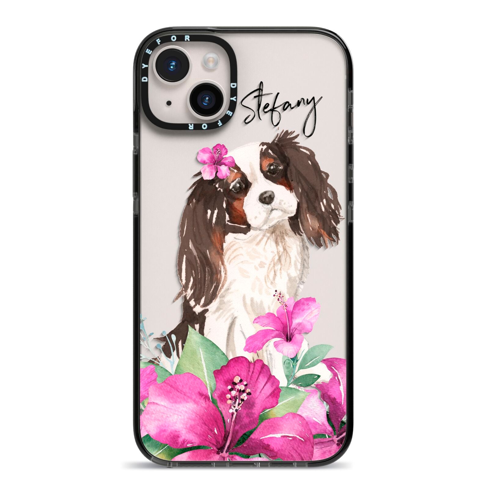 Personalised Cavalier King Charles Spaniel iPhone 14 Plus Black Impact Case on Silver phone