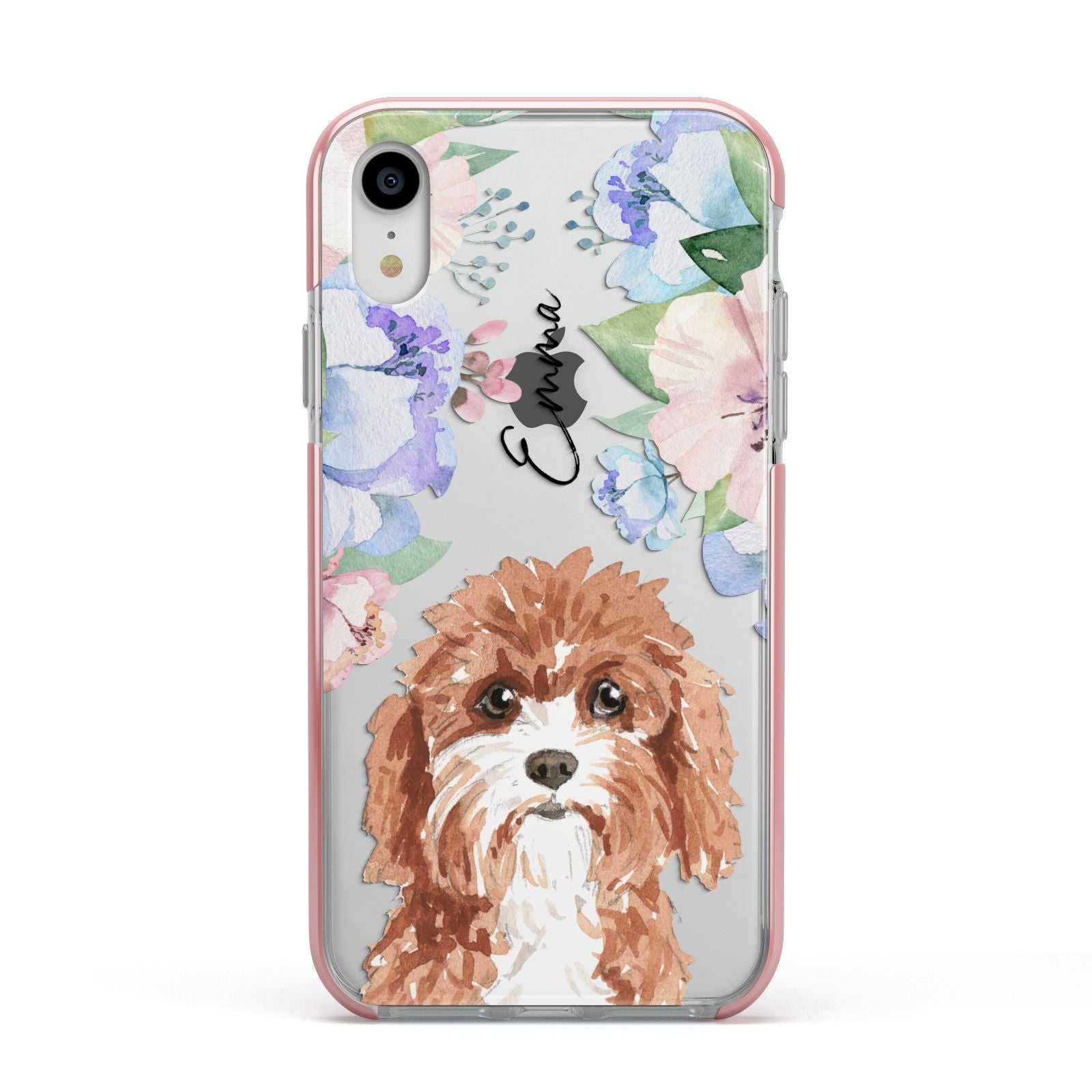 Personalised Cavapoo Apple iPhone XR Impact Case Pink Edge on Silver Phone