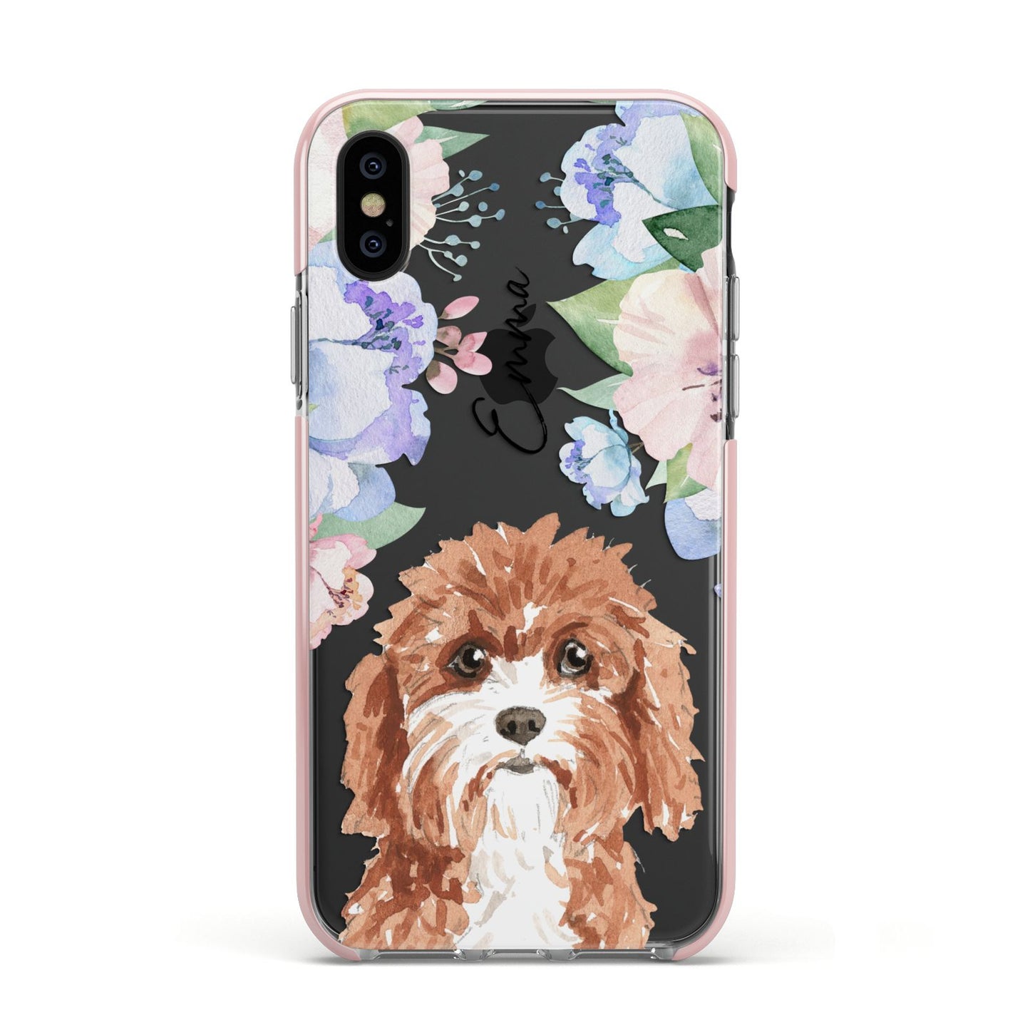 Personalised Cavapoo Apple iPhone Xs Impact Case Pink Edge on Black Phone