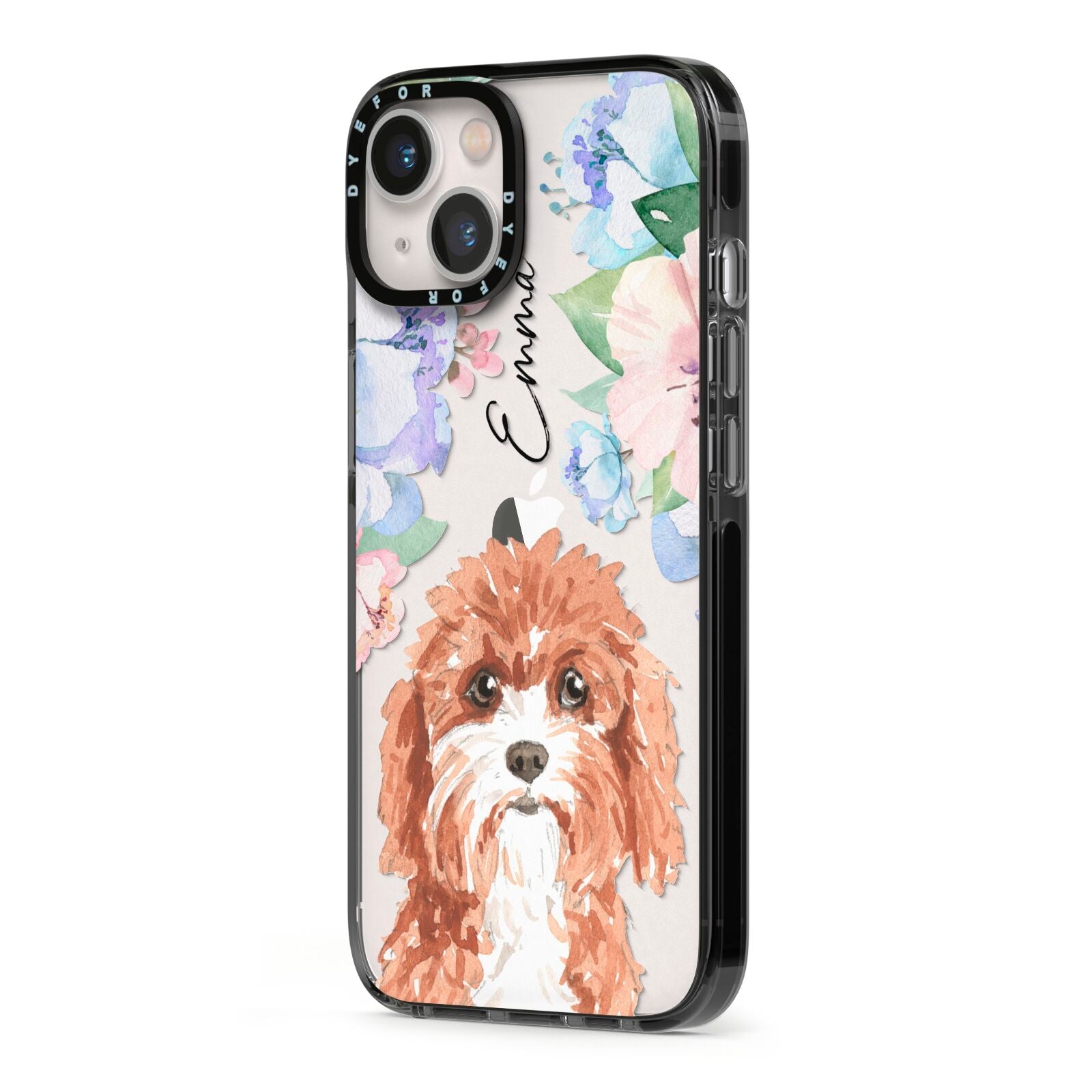 Personalised Cavapoo iPhone 13 Black Impact Case Side Angle on Silver phone