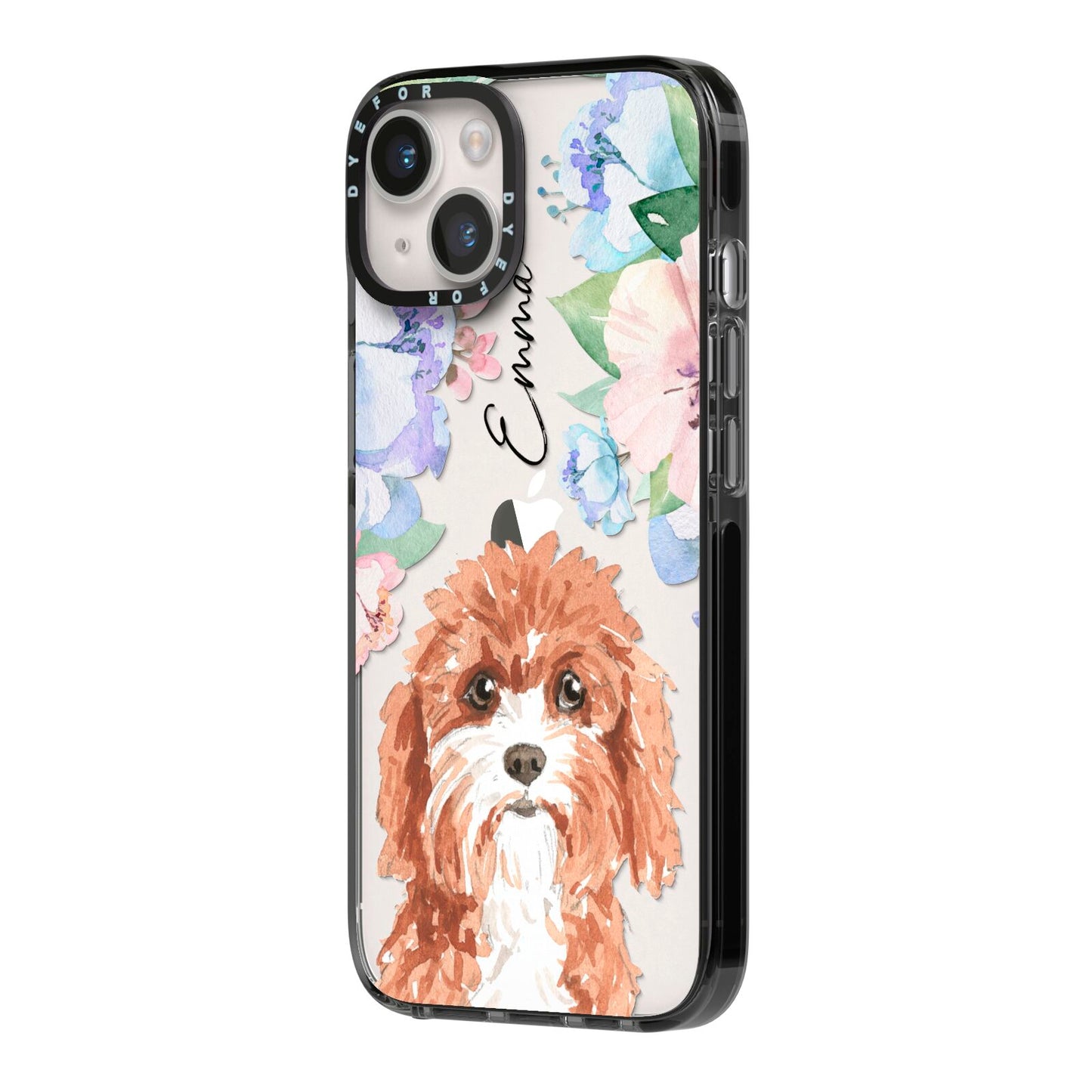 Personalised Cavapoo iPhone 14 Black Impact Case Side Angle on Silver phone