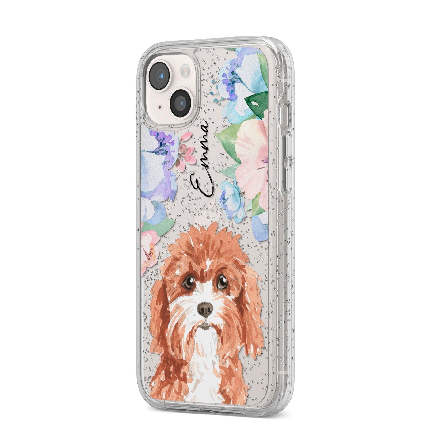 Personalised Cavapoo iPhone 14 Plus Glitter Tough Case Starlight Angled Image