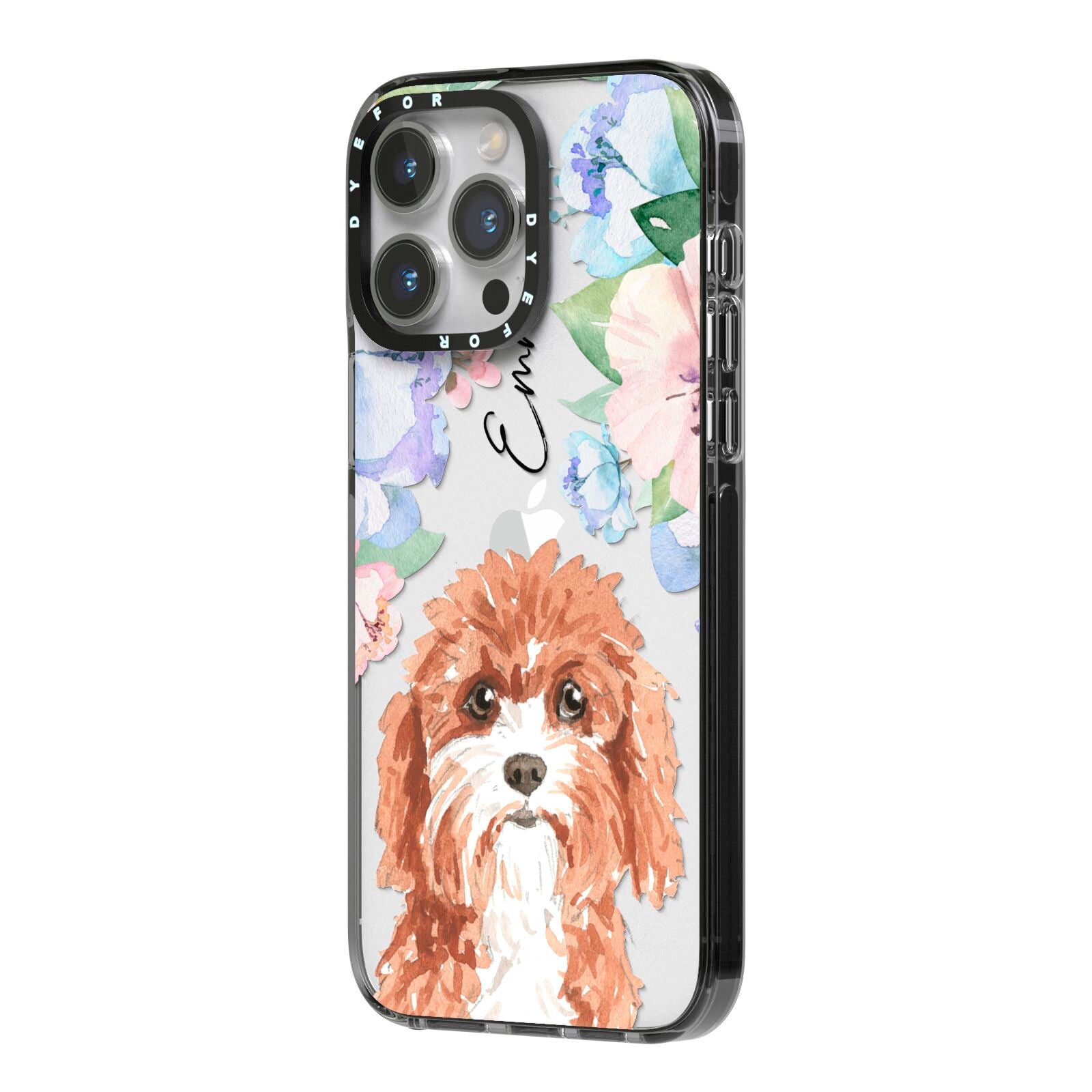 Personalised Cavapoo iPhone 14 Pro Max Black Impact Case Side Angle on Silver phone