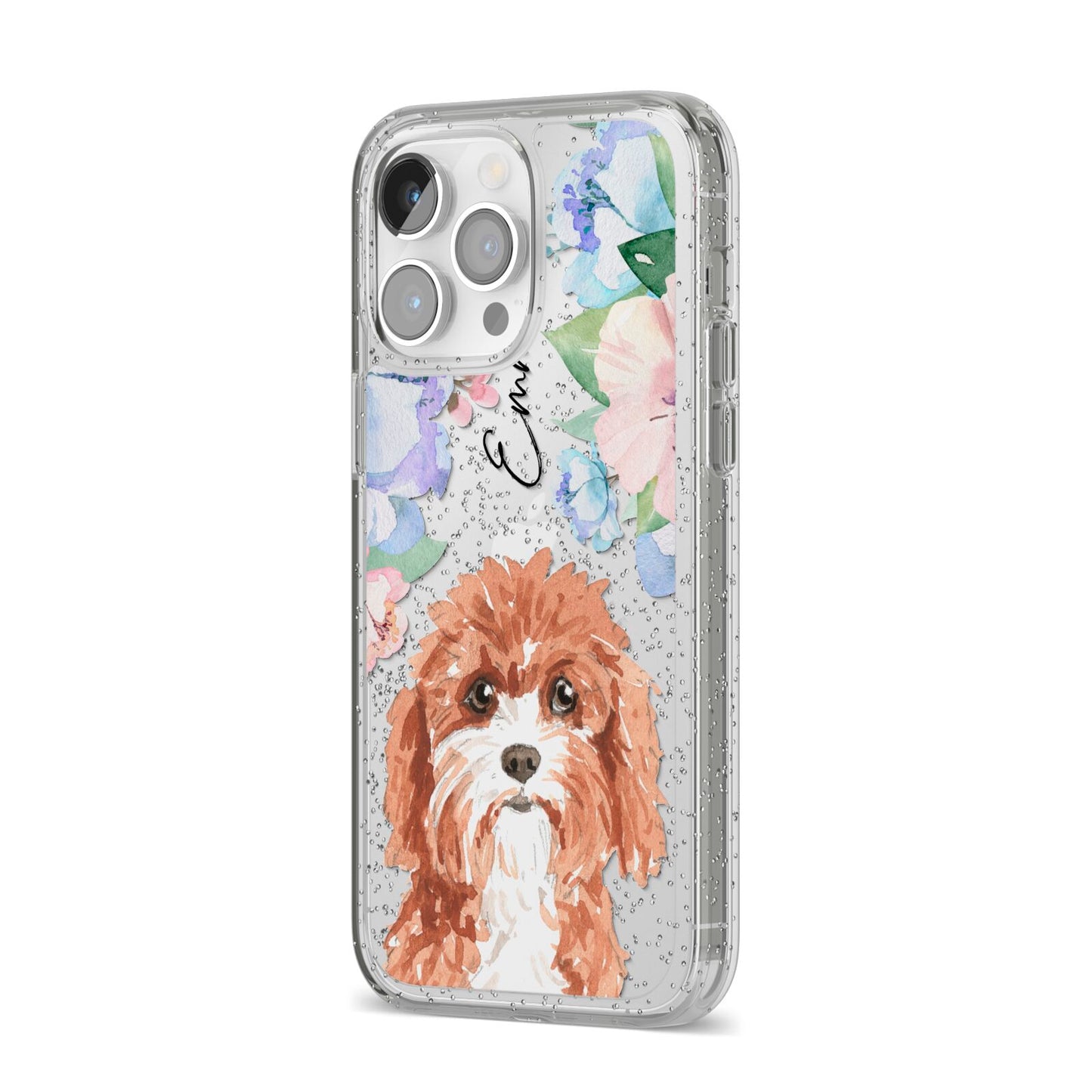 Personalised Cavapoo iPhone 14 Pro Max Glitter Tough Case Silver Angled Image