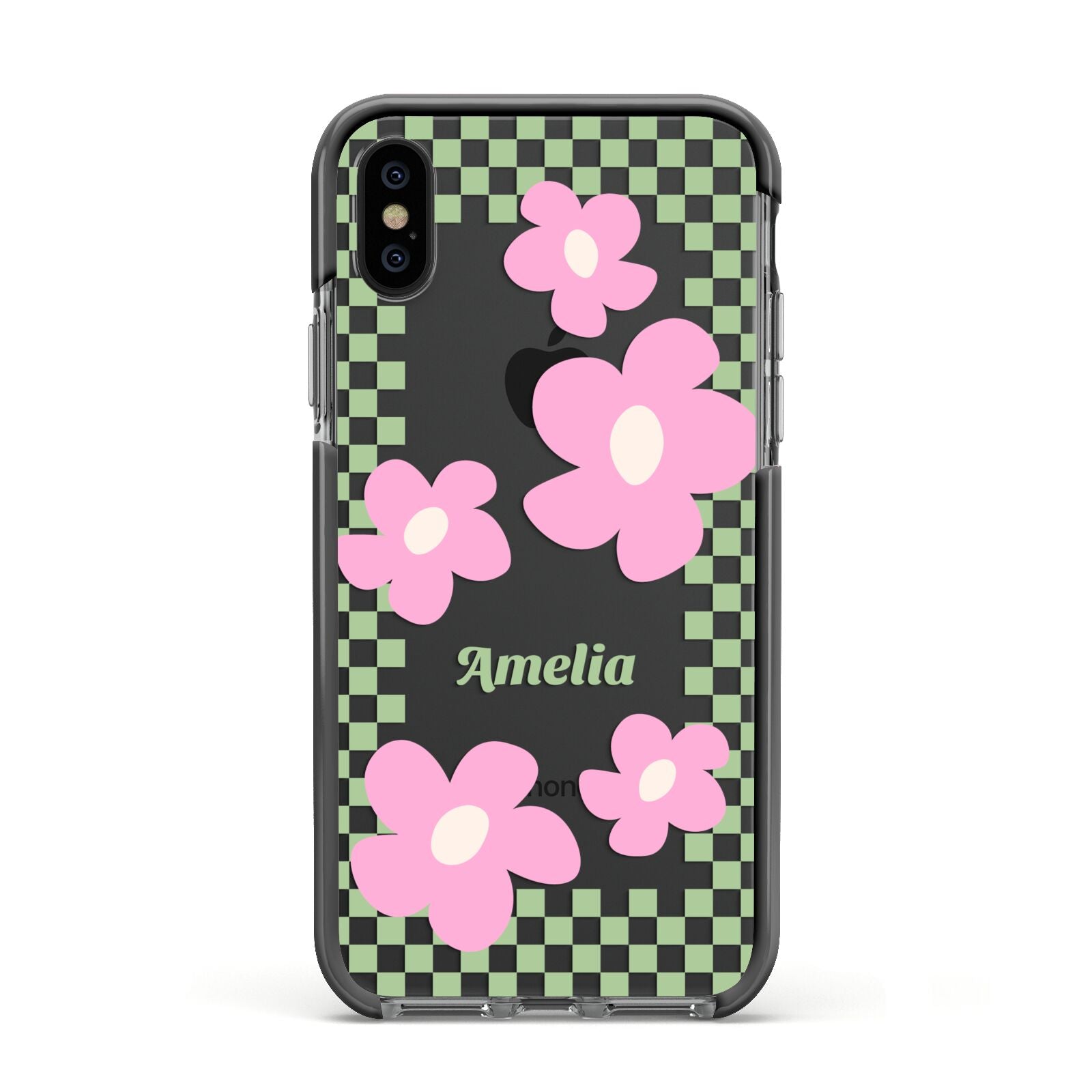 Personalised Check Floral Apple iPhone Xs Impact Case Black Edge on Black Phone