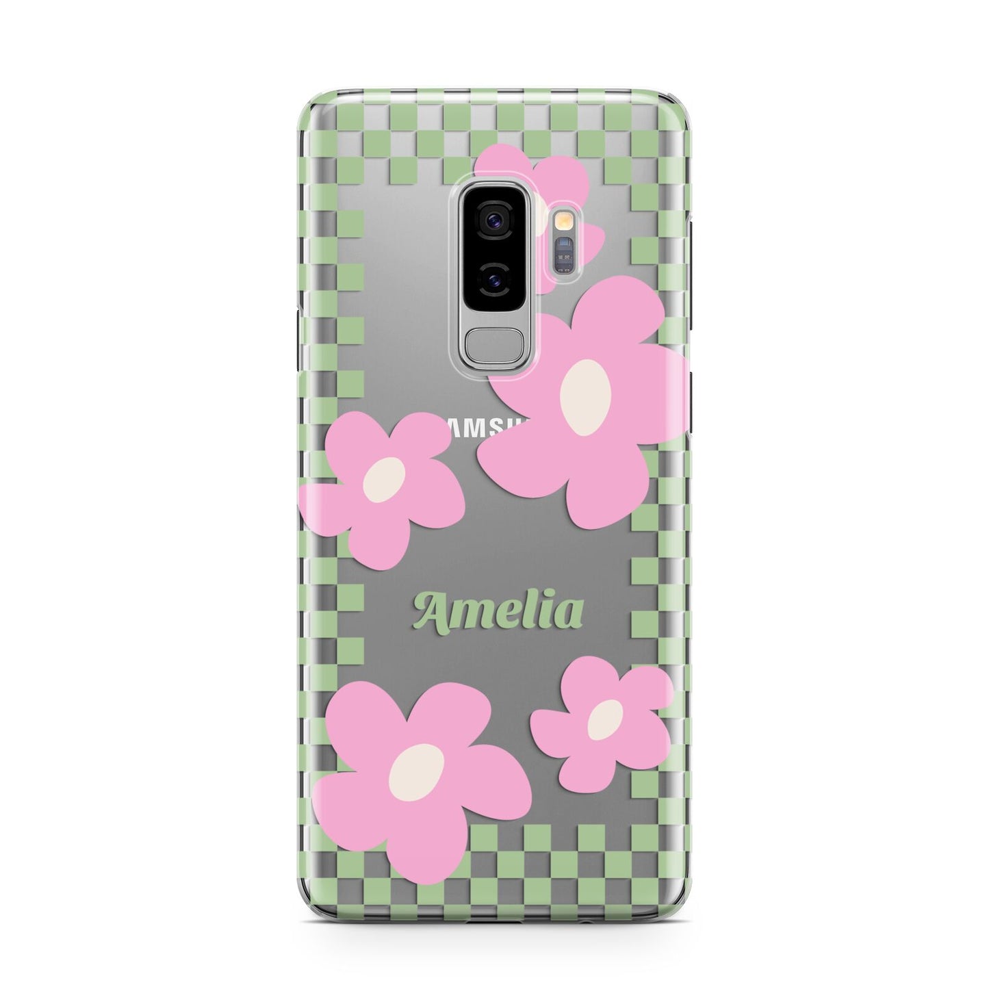 Personalised Check Floral Samsung Galaxy S9 Plus Case on Silver phone