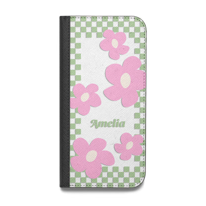 Personalised Check Floral Vegan Leather Flip iPhone Case