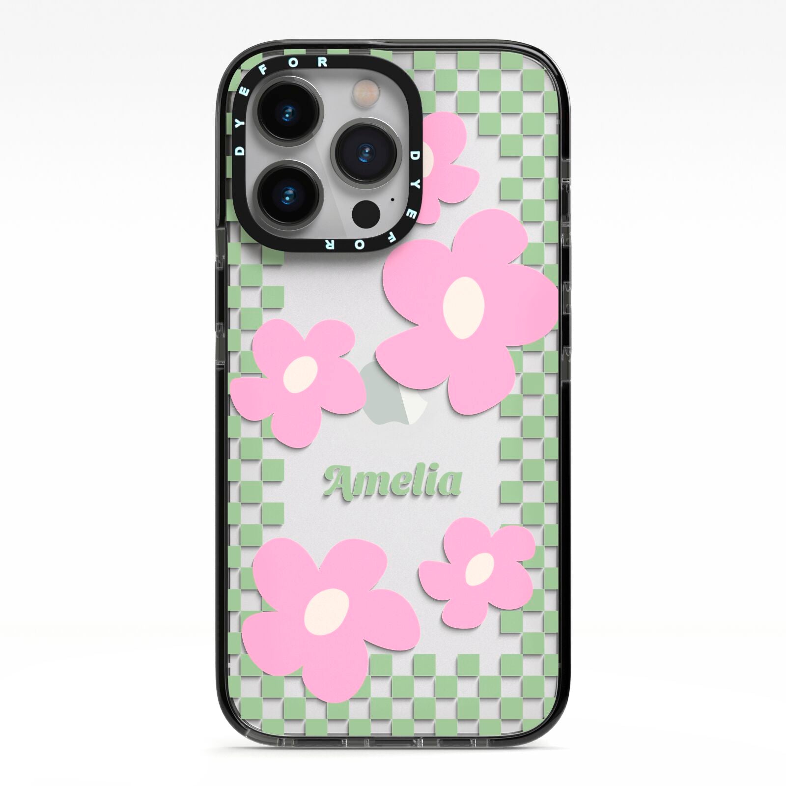 Personalised Check Floral iPhone 13 Pro Black Impact Case on Silver phone