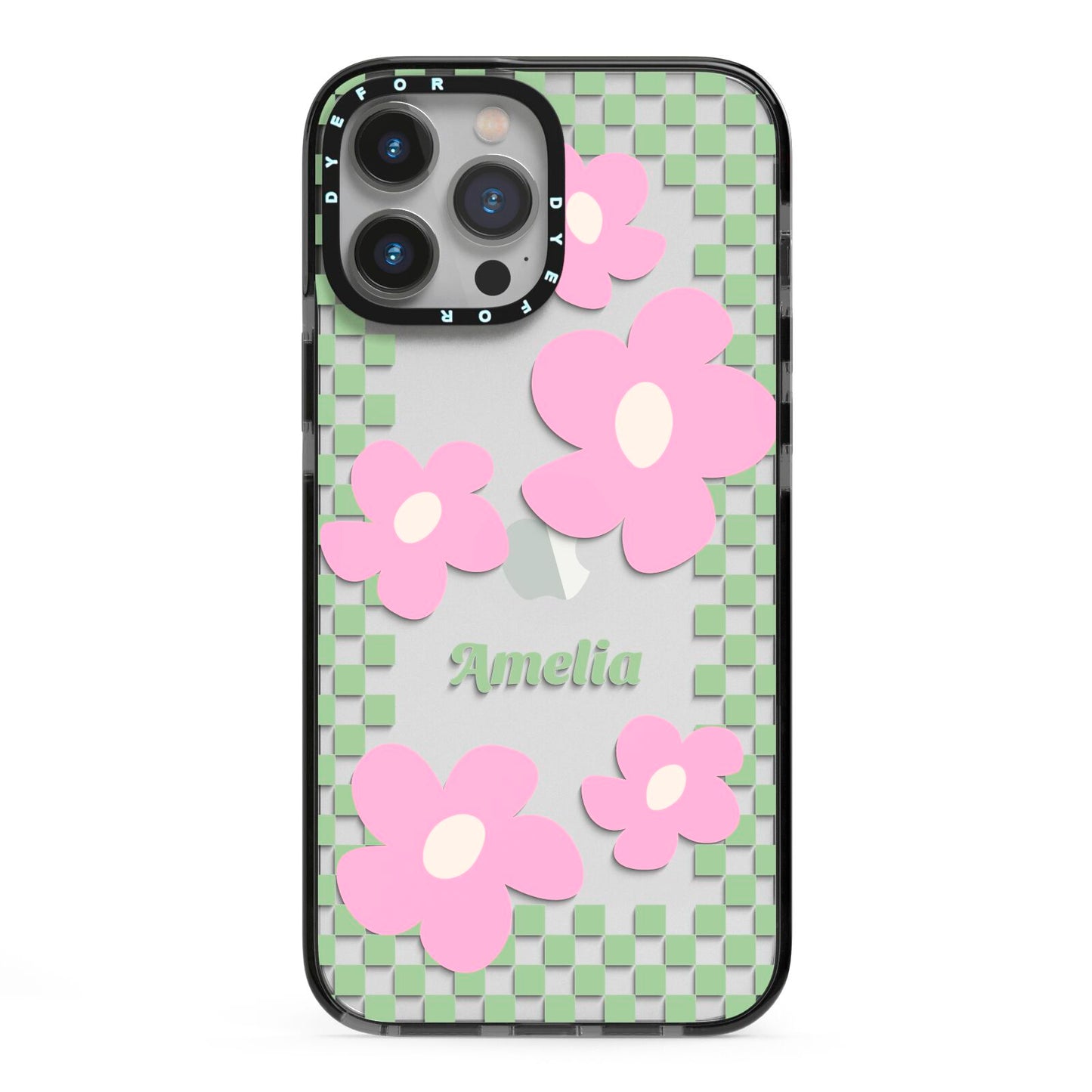 Personalised Check Floral iPhone 13 Pro Max Black Impact Case on Silver phone