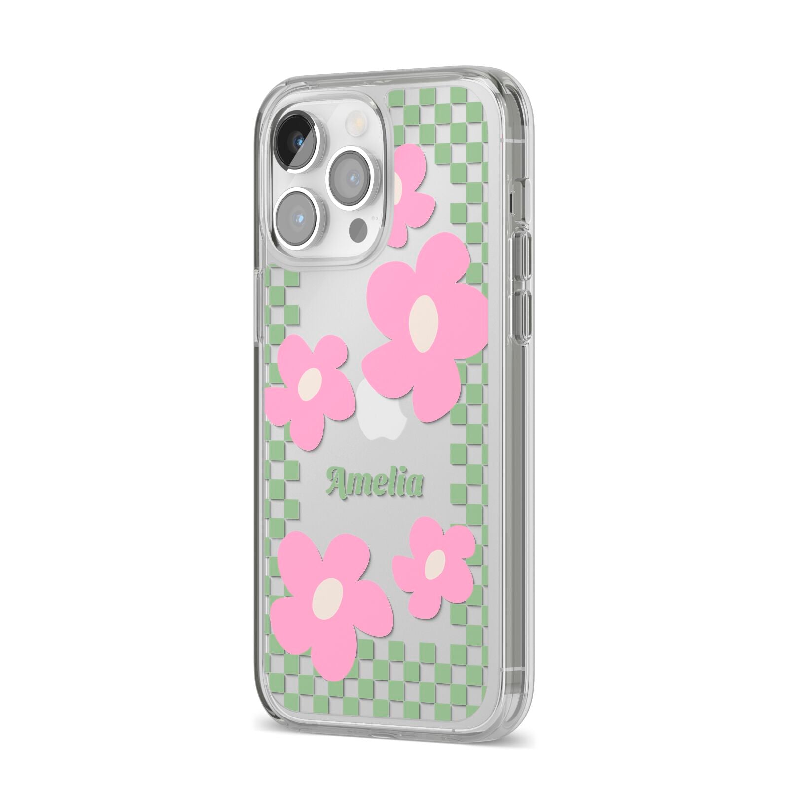 Personalised Check Floral iPhone 14 Pro Max Clear Tough Case Silver Angled Image