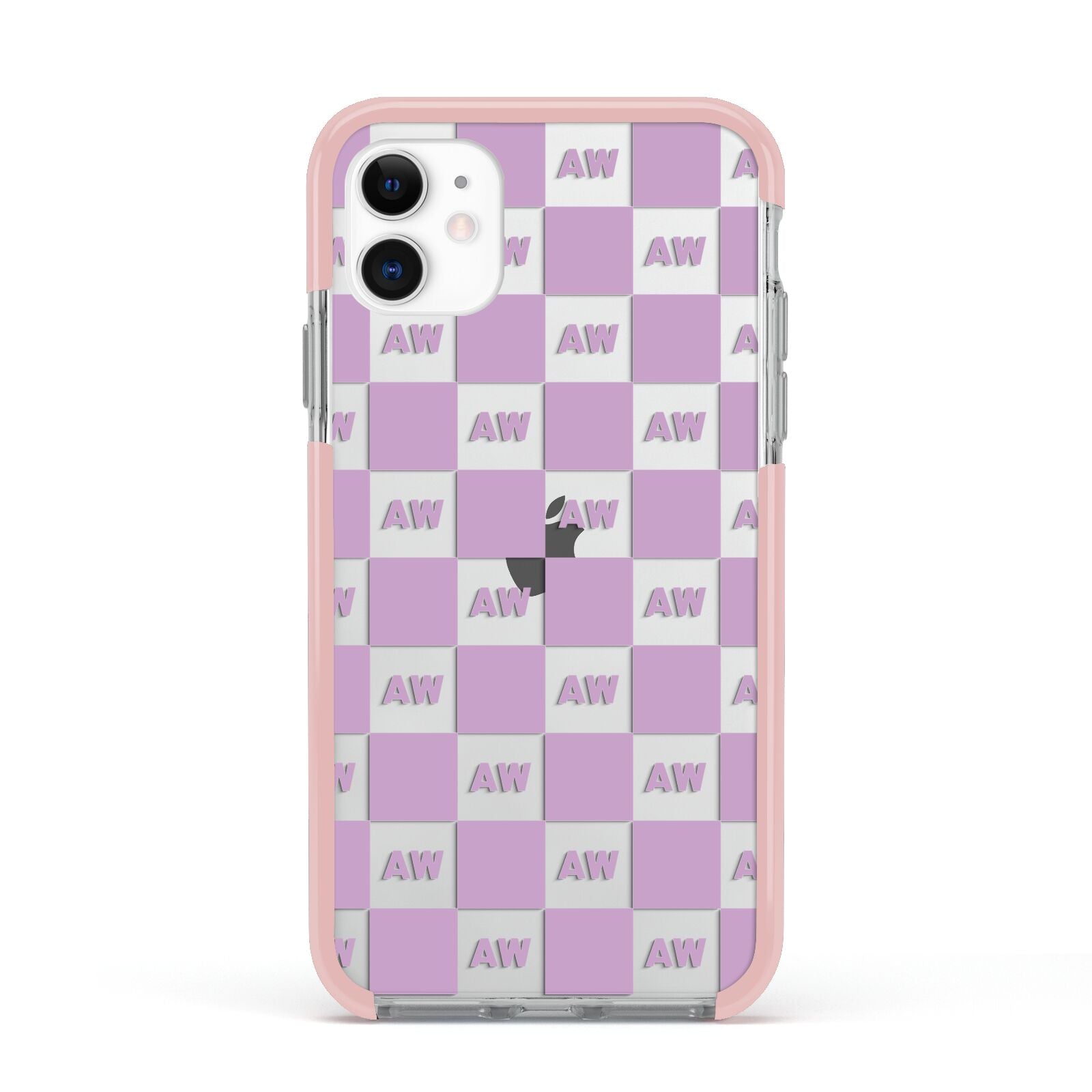 Personalised Check Grid Apple iPhone 11 in White with Pink Impact Case