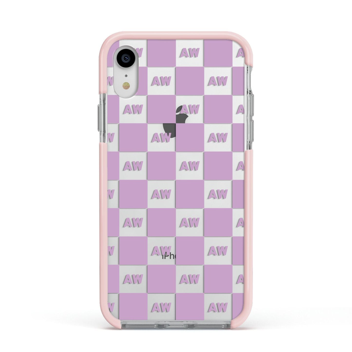 Personalised Check Grid Apple iPhone XR Impact Case Pink Edge on Silver Phone