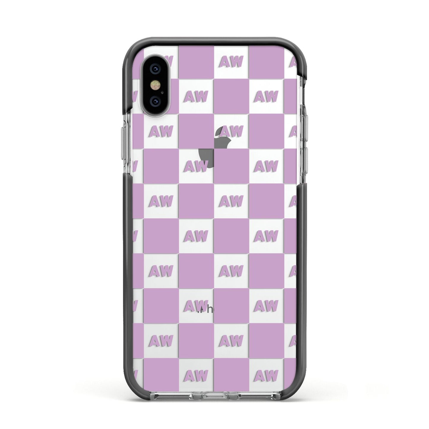 Personalised Check Grid Apple iPhone Xs Impact Case Black Edge on Silver Phone