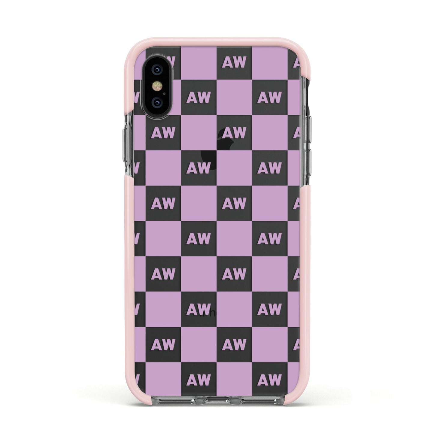 Personalised Check Grid Apple iPhone Xs Impact Case Pink Edge on Black Phone