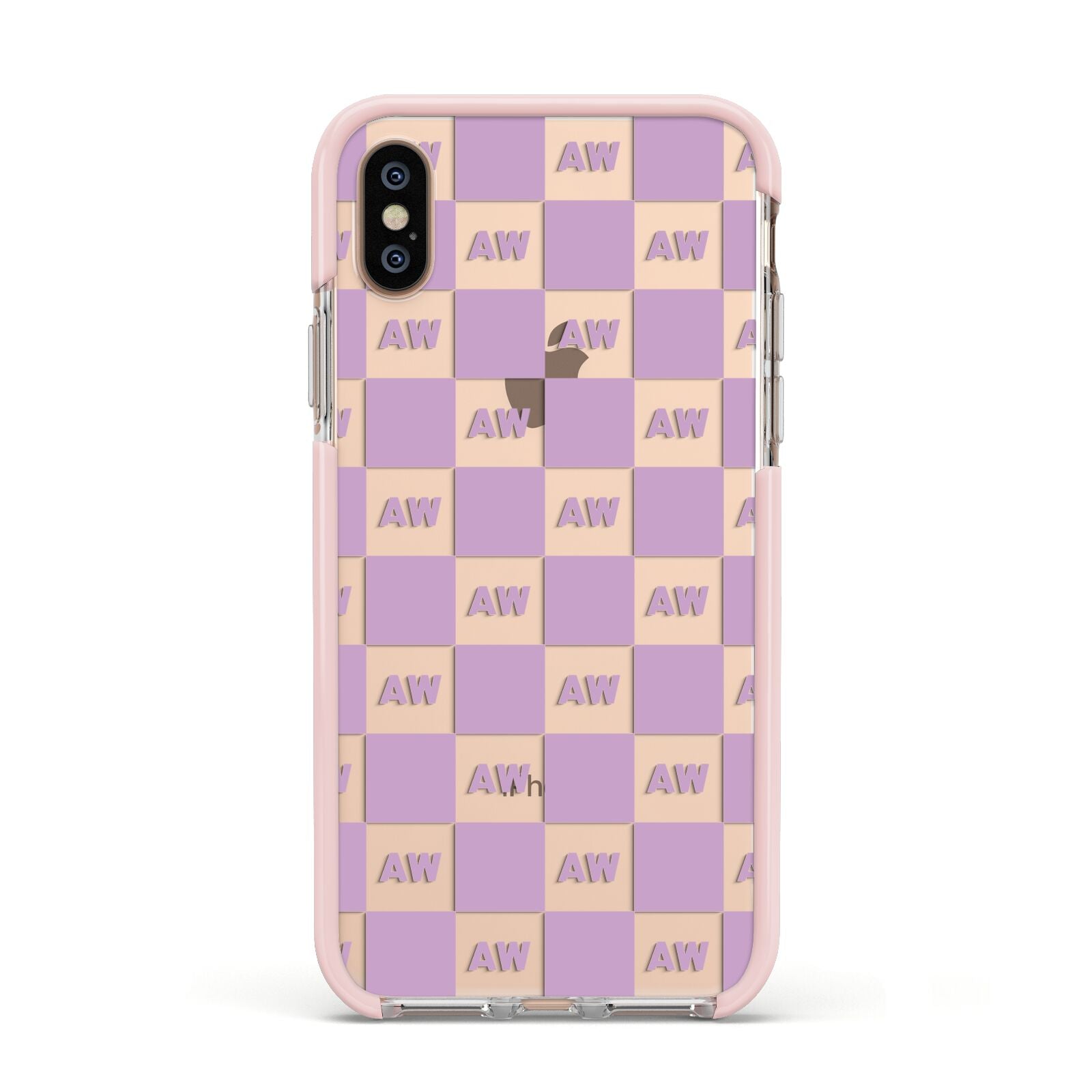 Personalised Check Grid Apple iPhone Xs Impact Case Pink Edge on Gold Phone