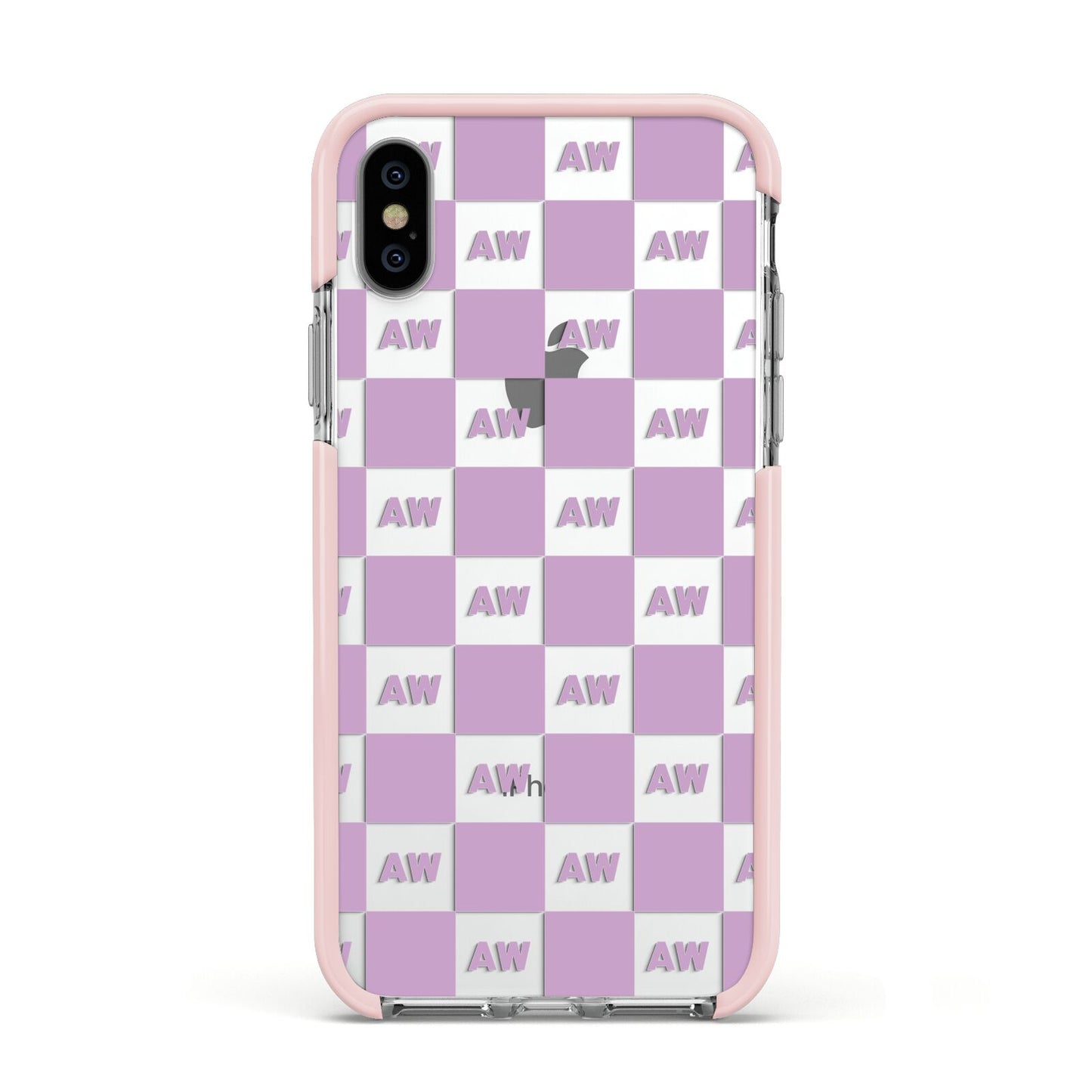 Personalised Check Grid Apple iPhone Xs Impact Case Pink Edge on Silver Phone