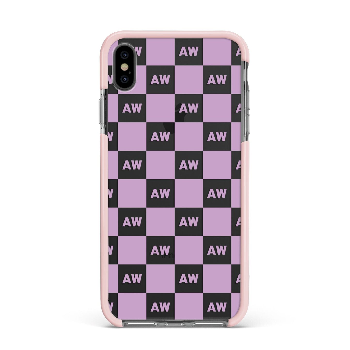 Personalised Check Grid Apple iPhone Xs Max Impact Case Pink Edge on Black Phone