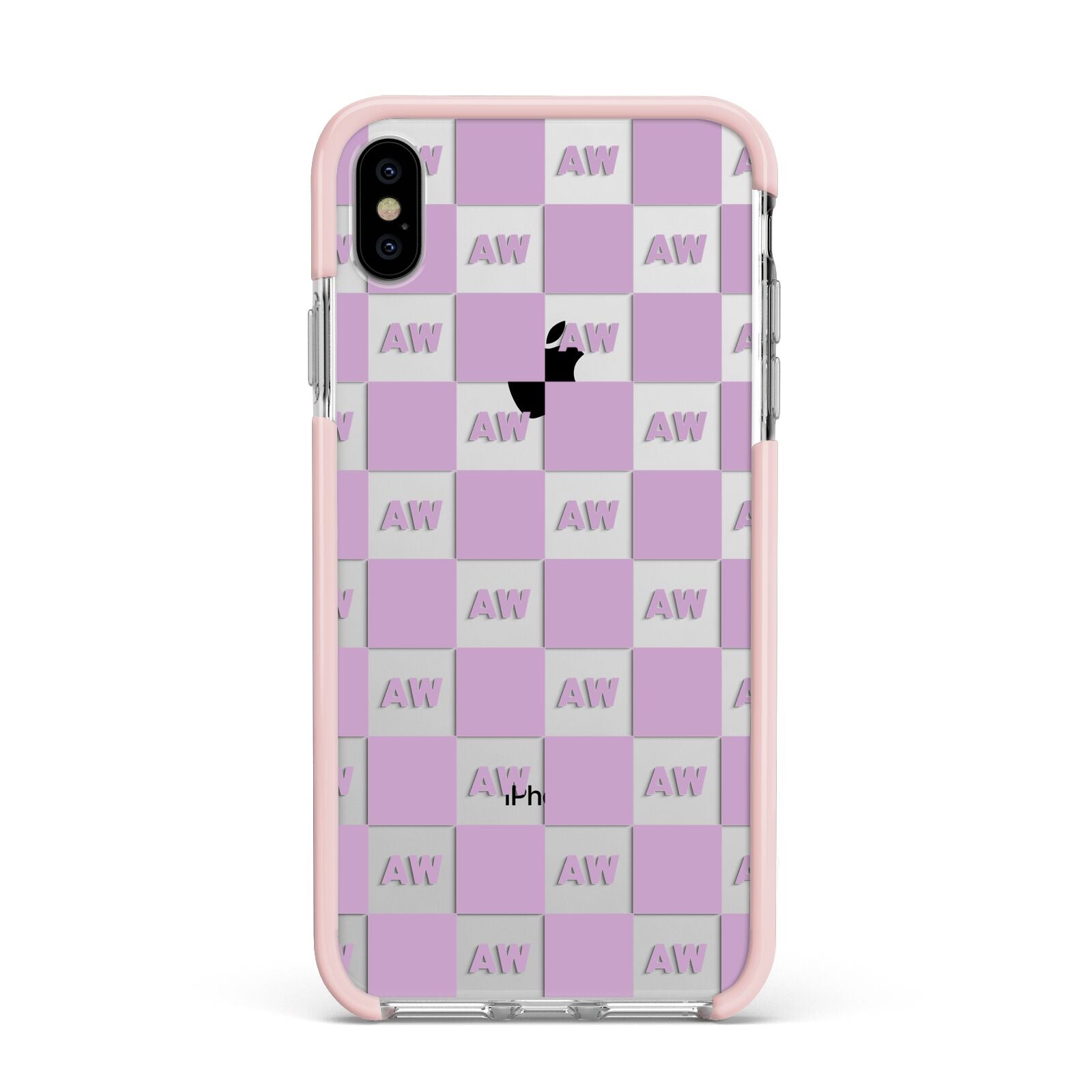 Personalised Check Grid Apple iPhone Xs Max Impact Case Pink Edge on Silver Phone