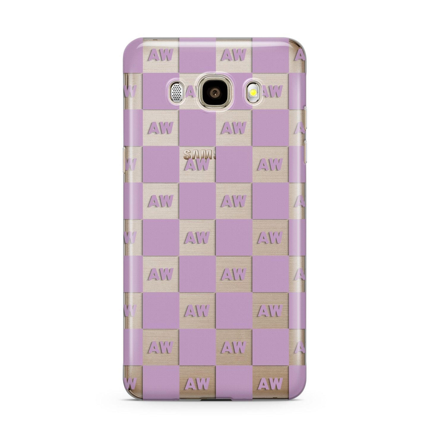 Personalised Check Grid Samsung Galaxy J7 2016 Case on gold phone