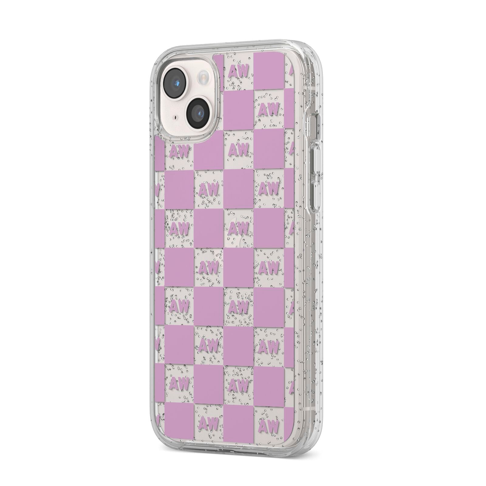 Personalised Check Grid iPhone 14 Plus Glitter Tough Case Starlight Angled Image