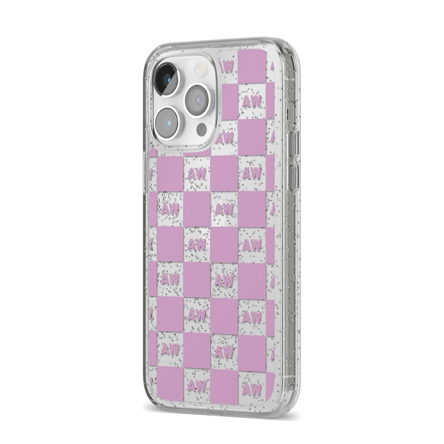 Personalised Check Grid iPhone 14 Pro Max Glitter Tough Case Silver Angled Image