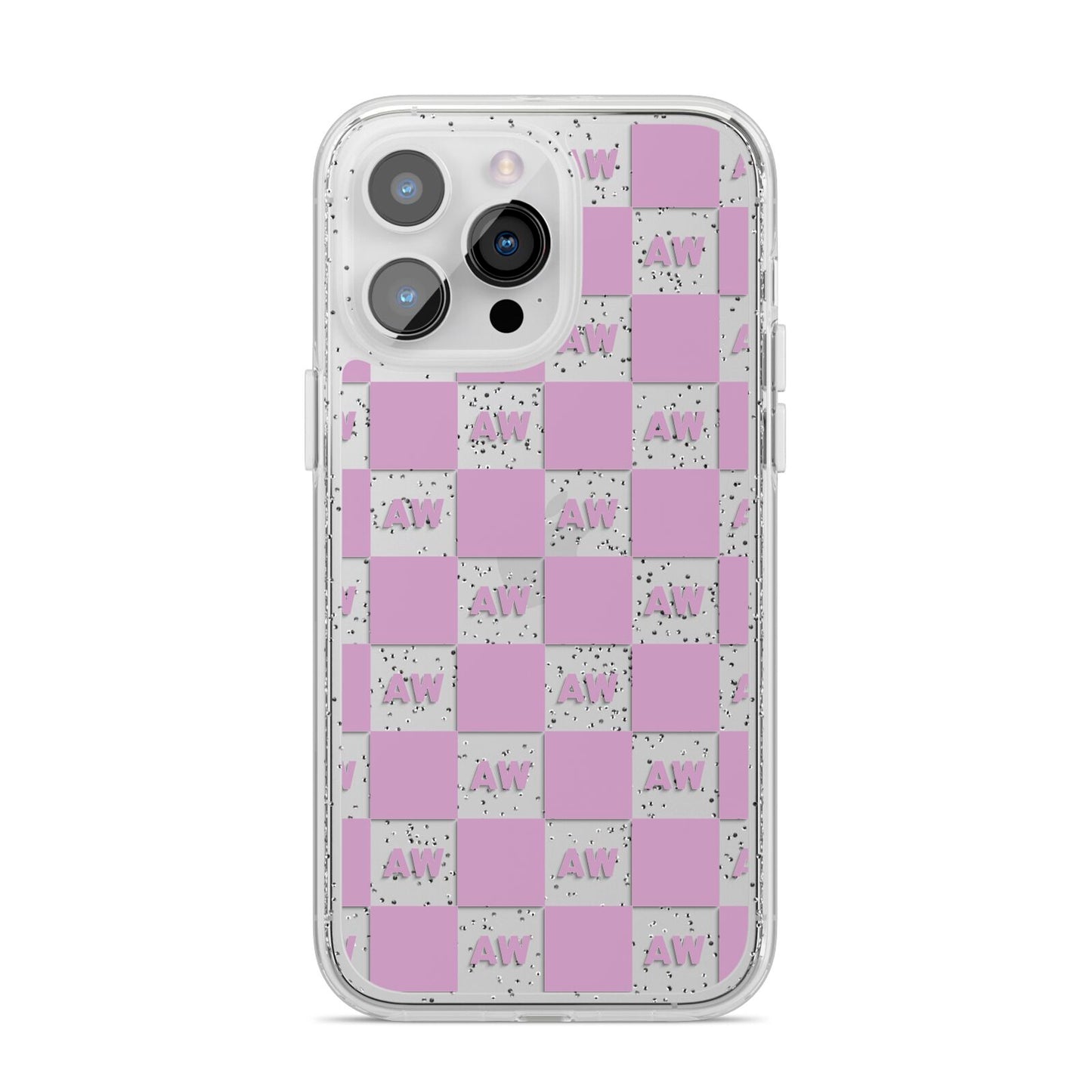 Personalised Check Grid iPhone 14 Pro Max Glitter Tough Case Silver