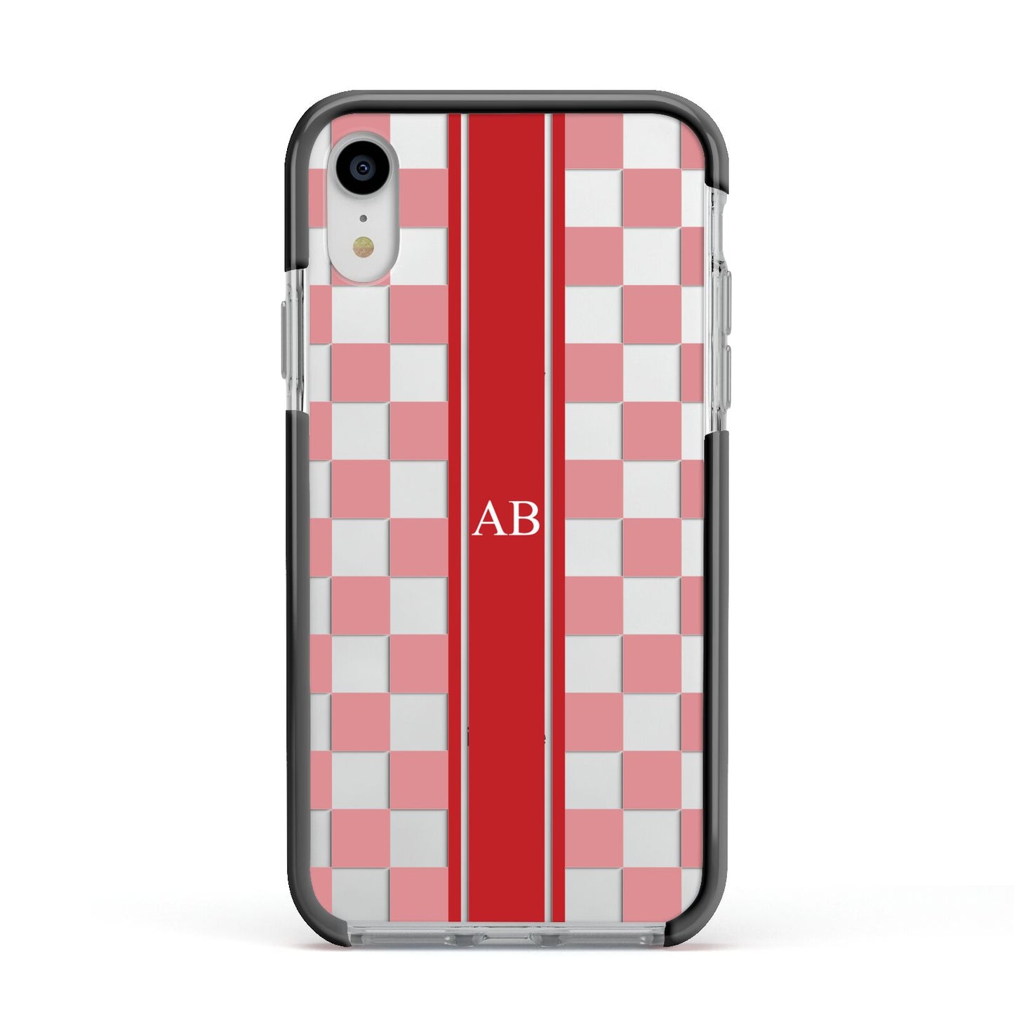 Personalised Checkered Apple iPhone XR Impact Case Black Edge on Silver Phone