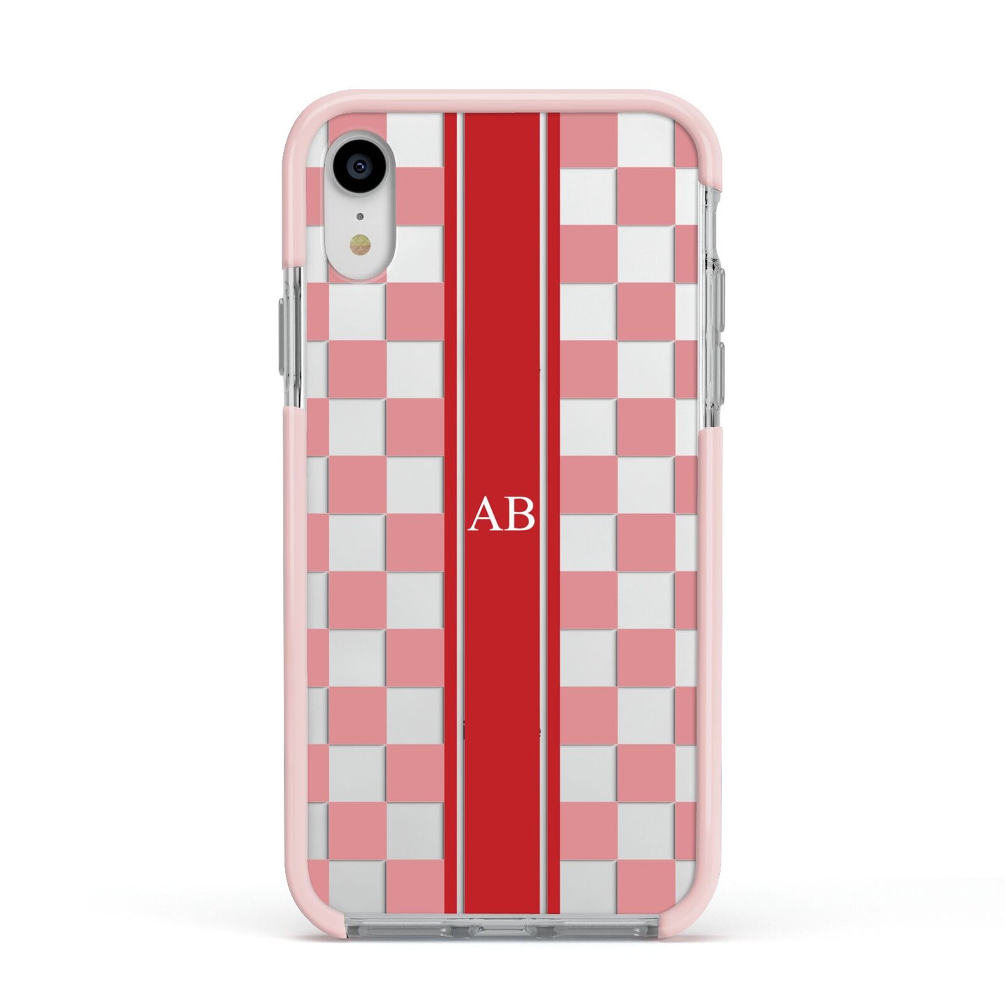 Personalised Checkered Apple iPhone XR Impact Case Pink Edge on Silver Phone