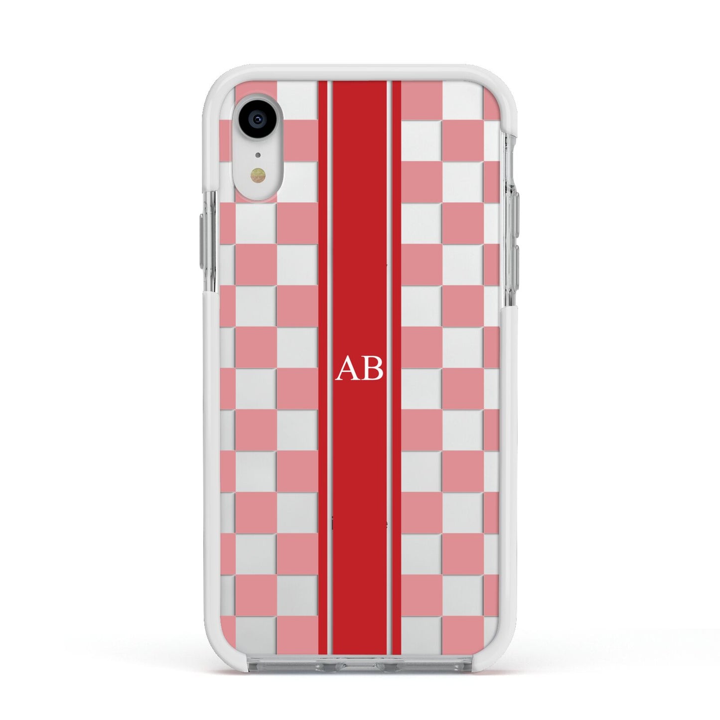 Personalised Checkered Apple iPhone XR Impact Case White Edge on Silver Phone