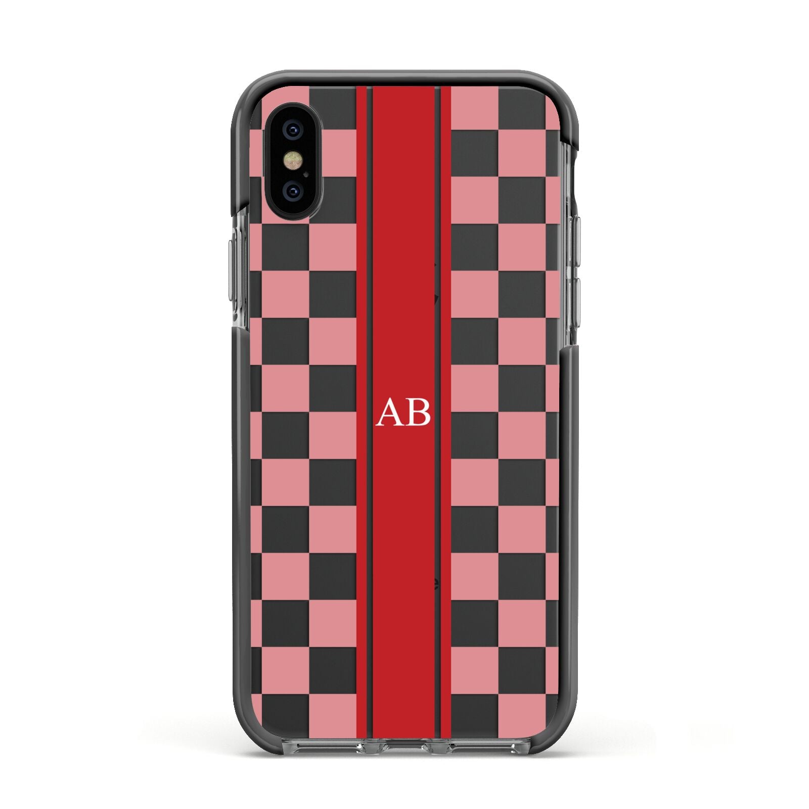 Personalised Checkered Apple iPhone Xs Impact Case Black Edge on Black Phone