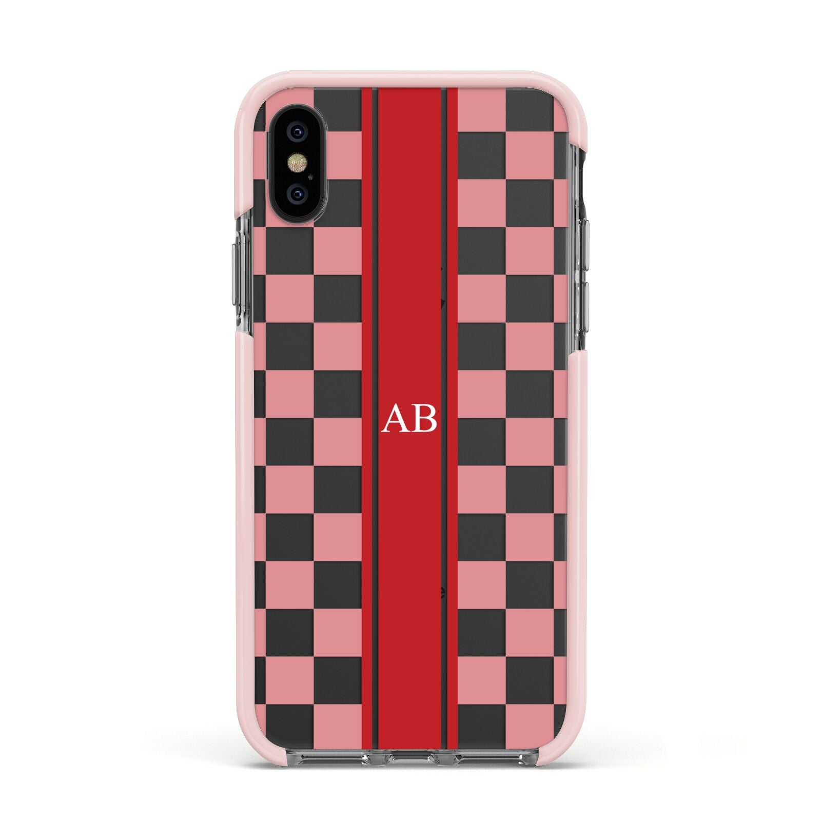 Personalised Checkered Apple iPhone Xs Impact Case Pink Edge on Black Phone