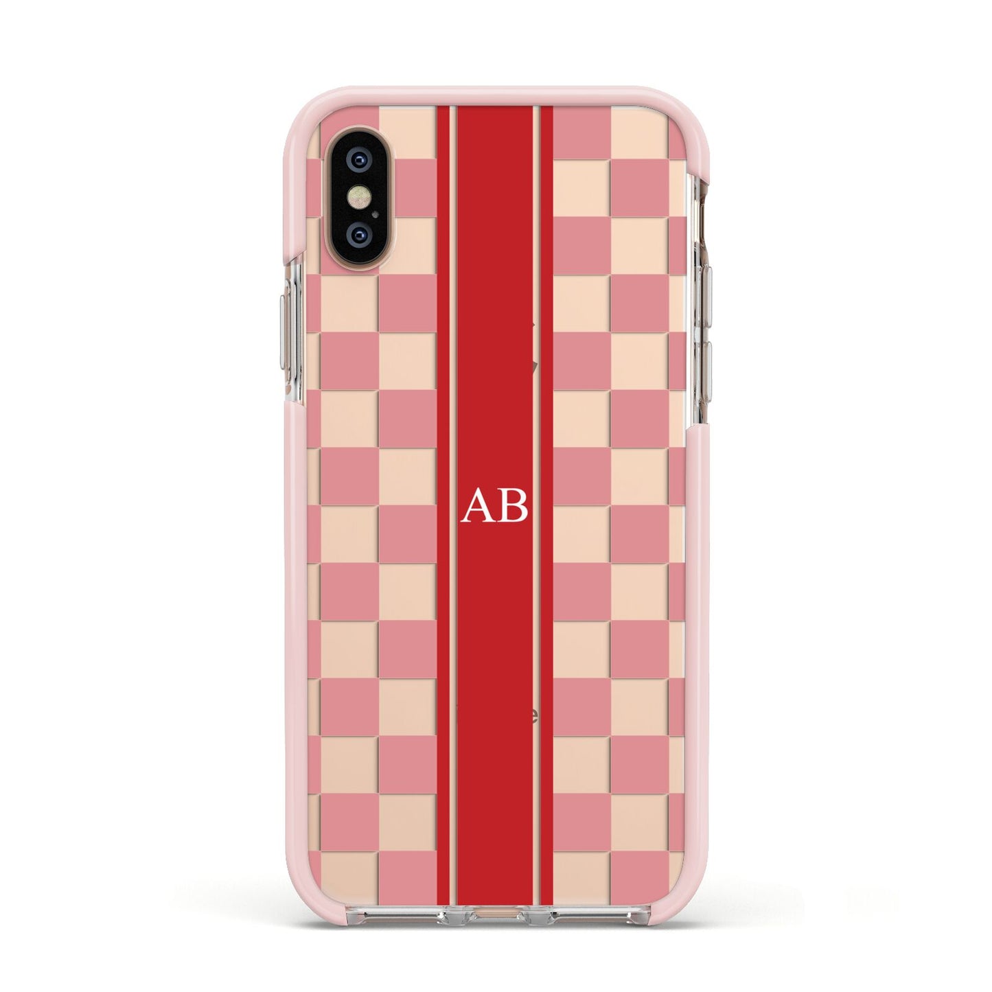 Personalised Checkered Apple iPhone Xs Impact Case Pink Edge on Gold Phone