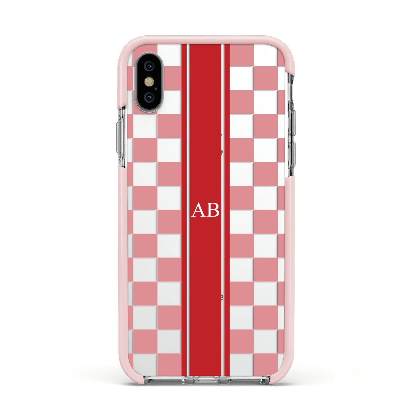 Personalised Checkered Apple iPhone Xs Impact Case Pink Edge on Silver Phone