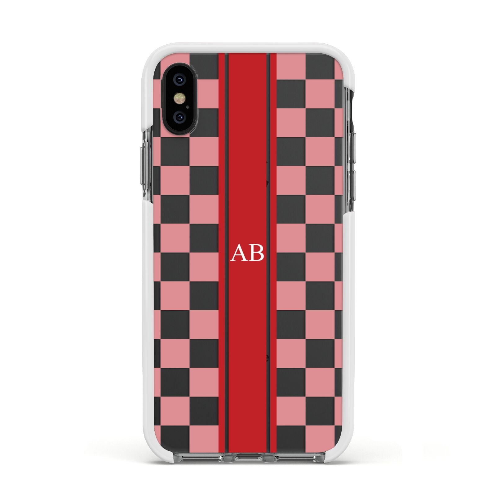 Personalised Checkered Apple iPhone Xs Impact Case White Edge on Black Phone