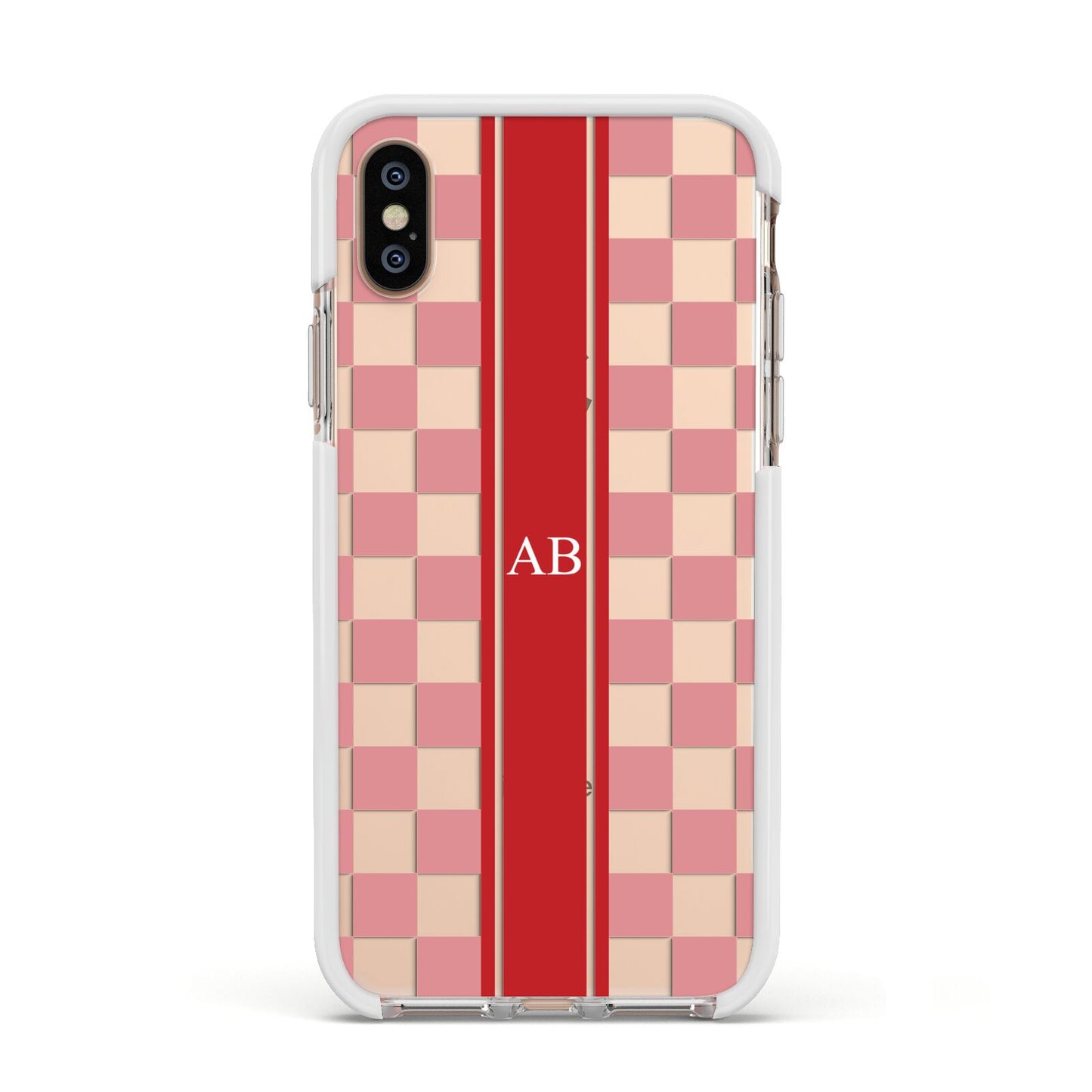 Personalised Checkered Apple iPhone Xs Impact Case White Edge on Gold Phone