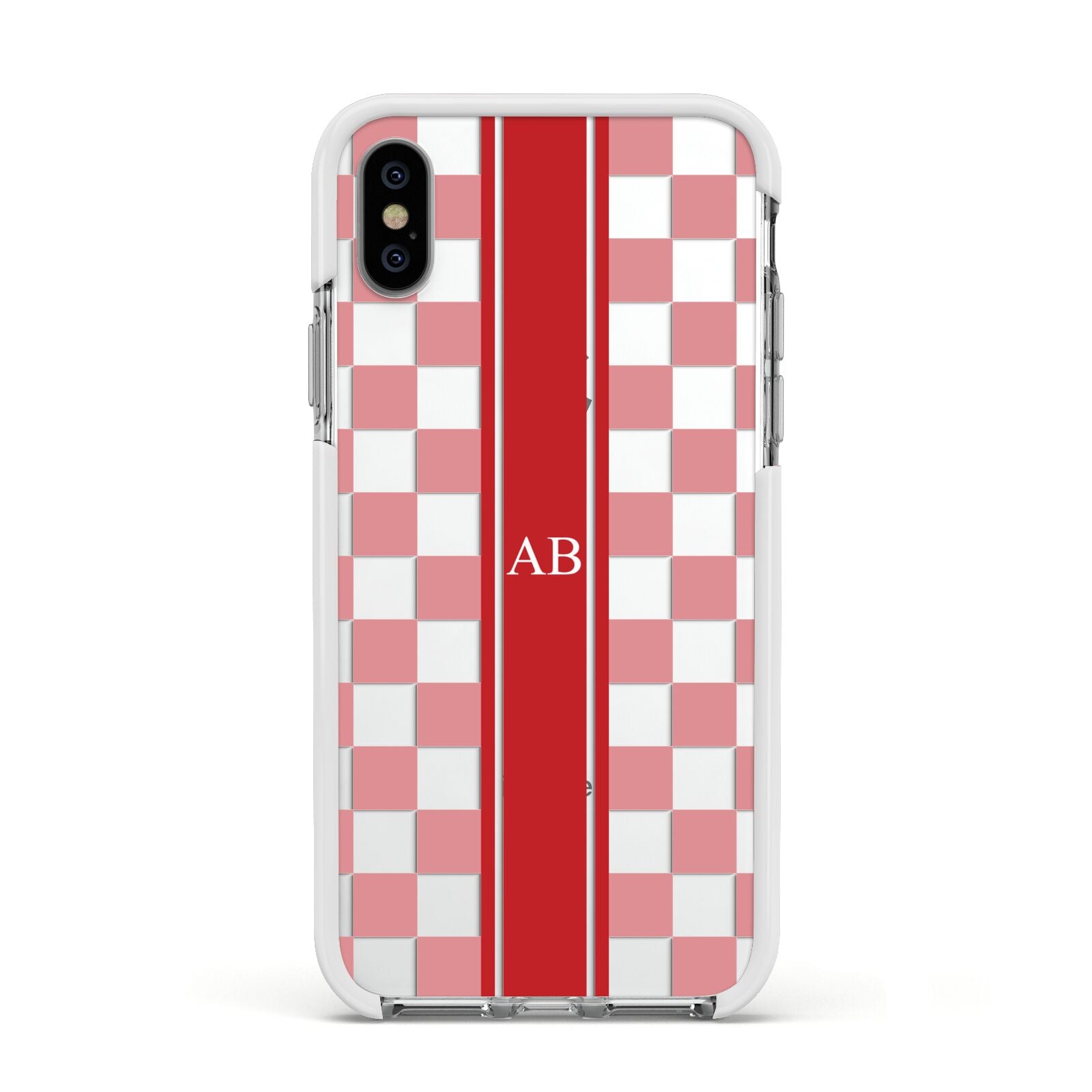 Personalised Checkered Apple iPhone Xs Impact Case White Edge on Silver Phone