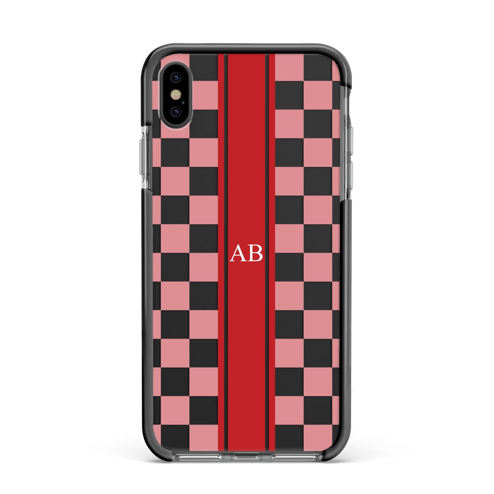 Personalised Checkered Apple iPhone Xs Max Impact Case Black Edge on Black Phone