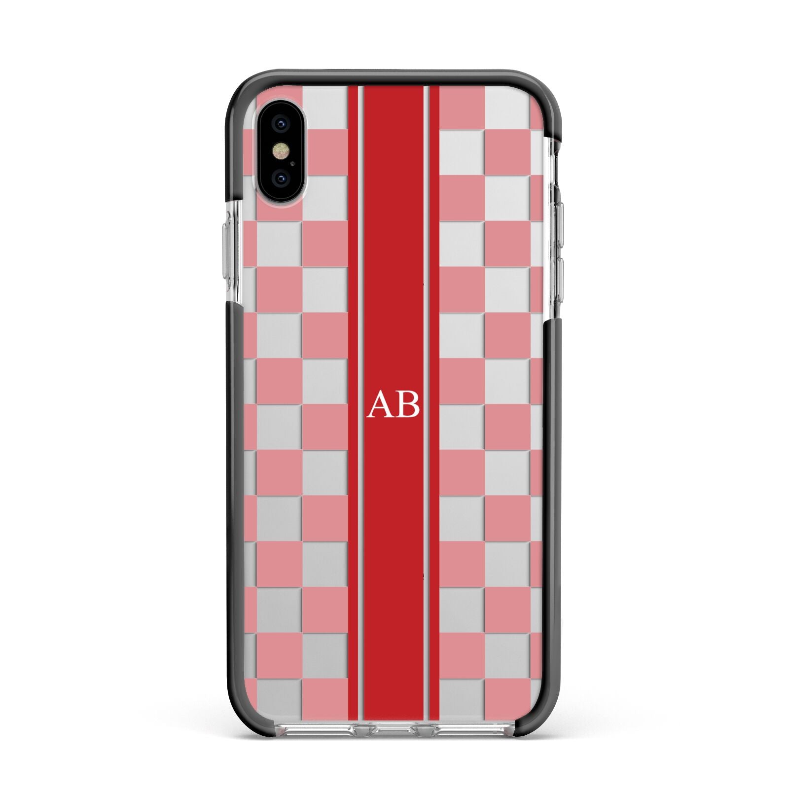 Personalised Checkered Apple iPhone Xs Max Impact Case Black Edge on Silver Phone