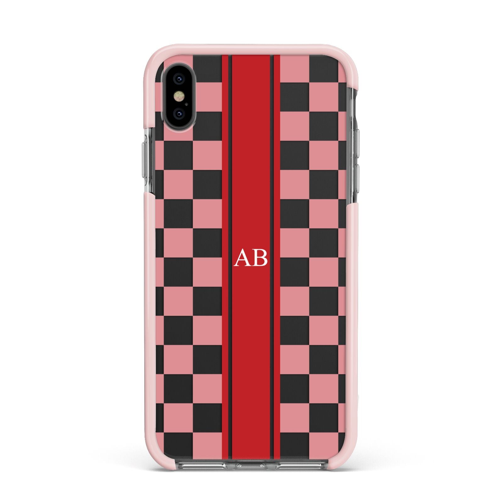 Personalised Checkered Apple iPhone Xs Max Impact Case Pink Edge on Black Phone