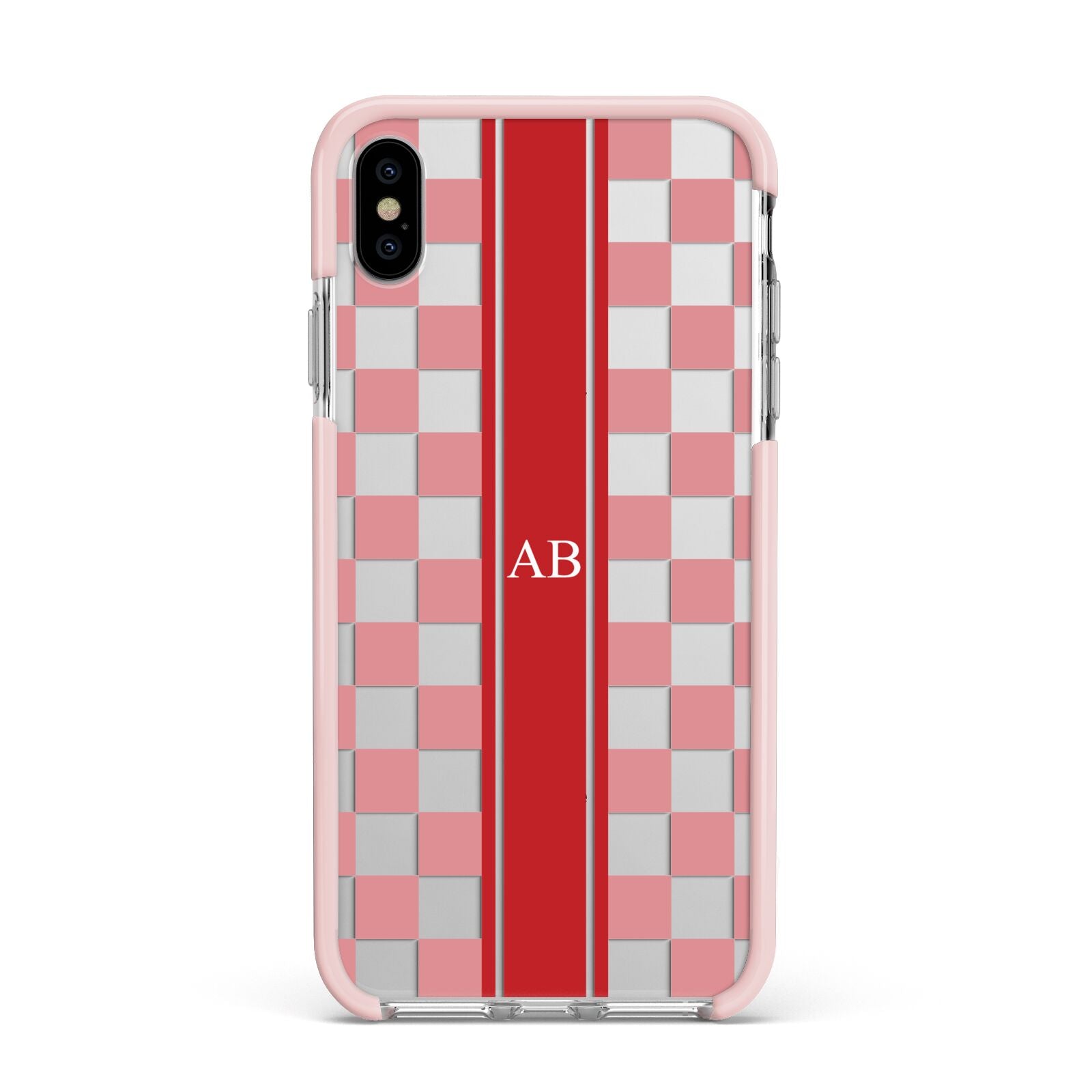 Personalised Checkered Apple iPhone Xs Max Impact Case Pink Edge on Silver Phone