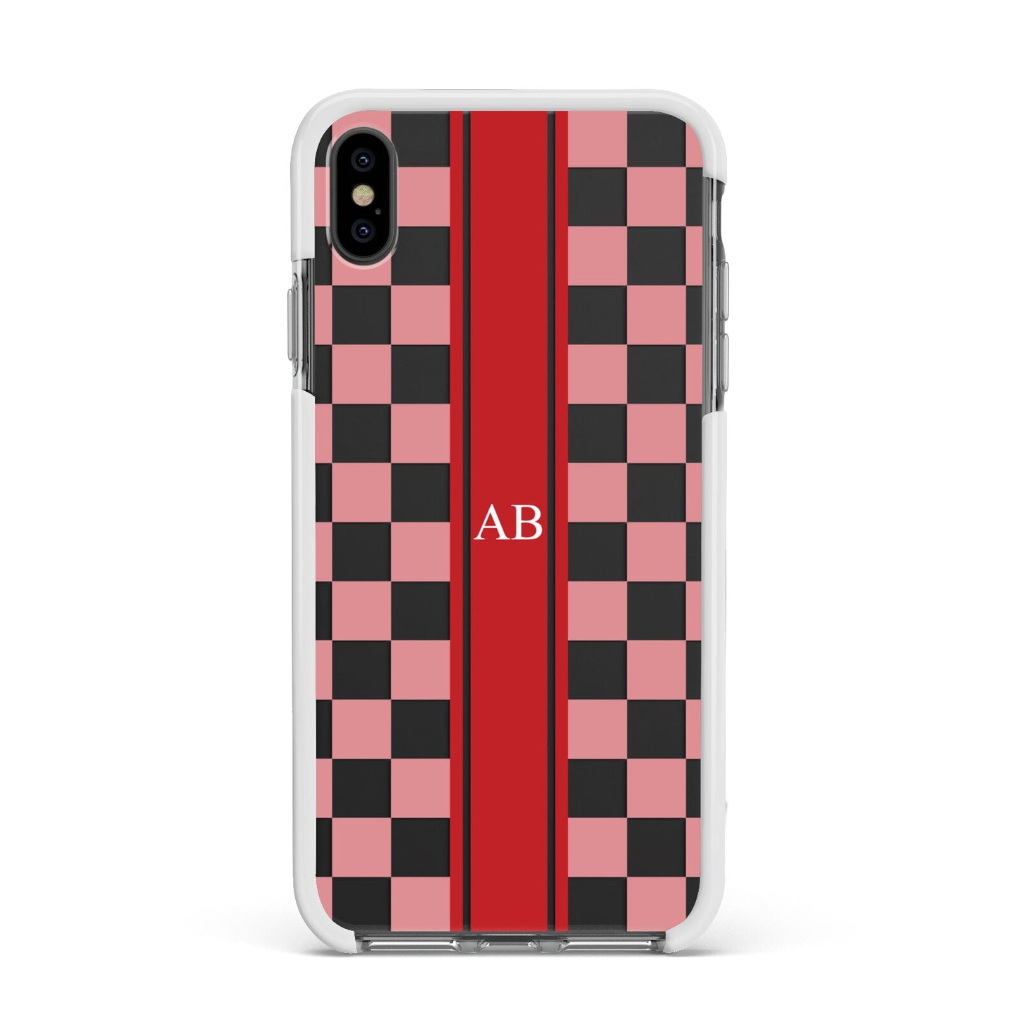 Personalised Checkered Apple iPhone Xs Max Impact Case White Edge on Black Phone