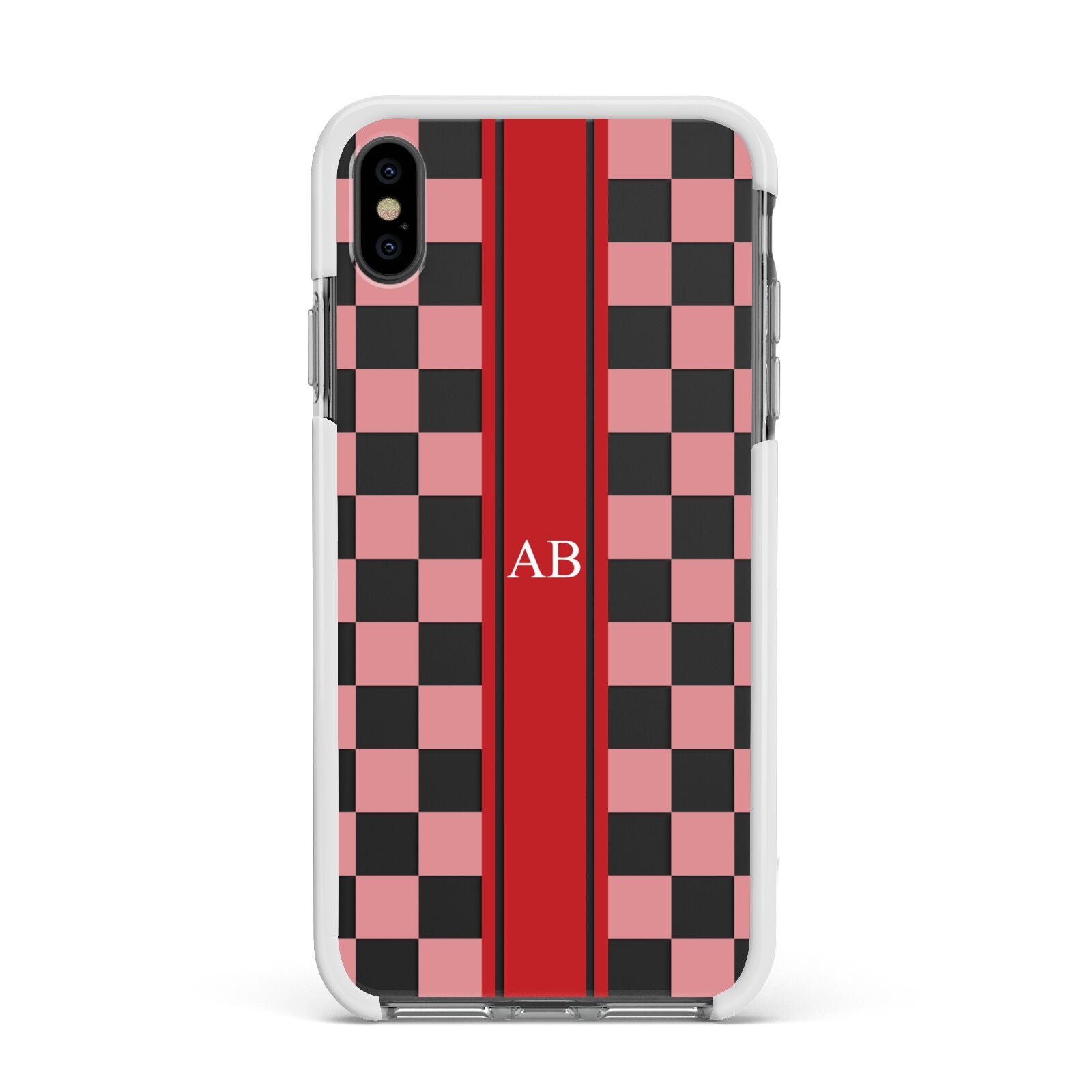 Personalised Checkered Apple iPhone Xs Max Impact Case White Edge on Black Phone