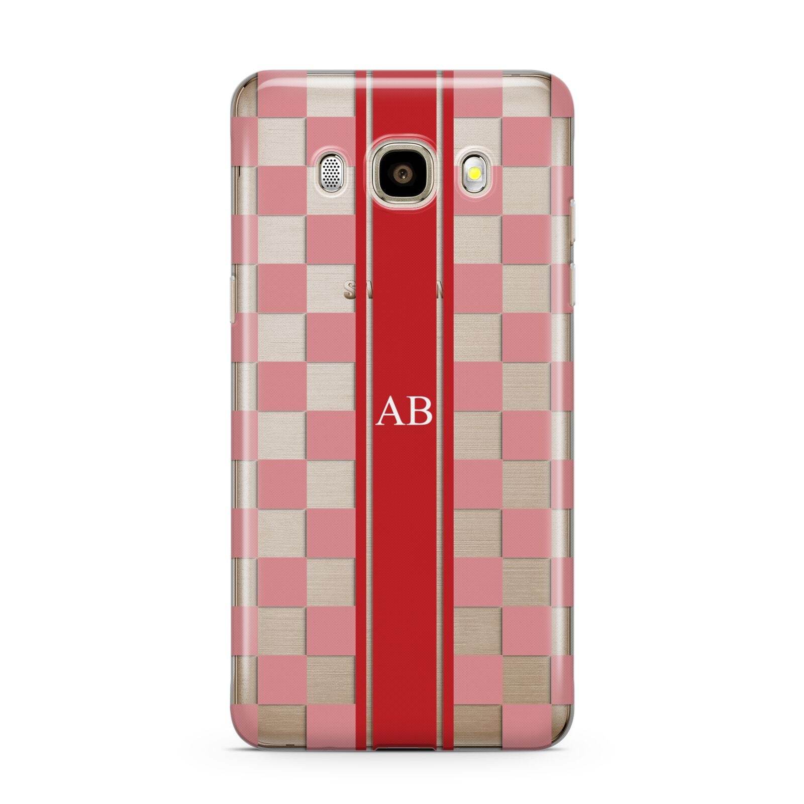 Personalised Checkered Samsung Galaxy J7 2016 Case on gold phone