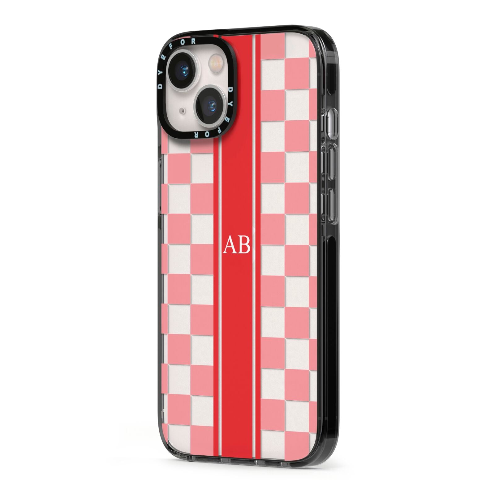 Personalised Checkered iPhone 13 Black Impact Case Side Angle on Silver phone