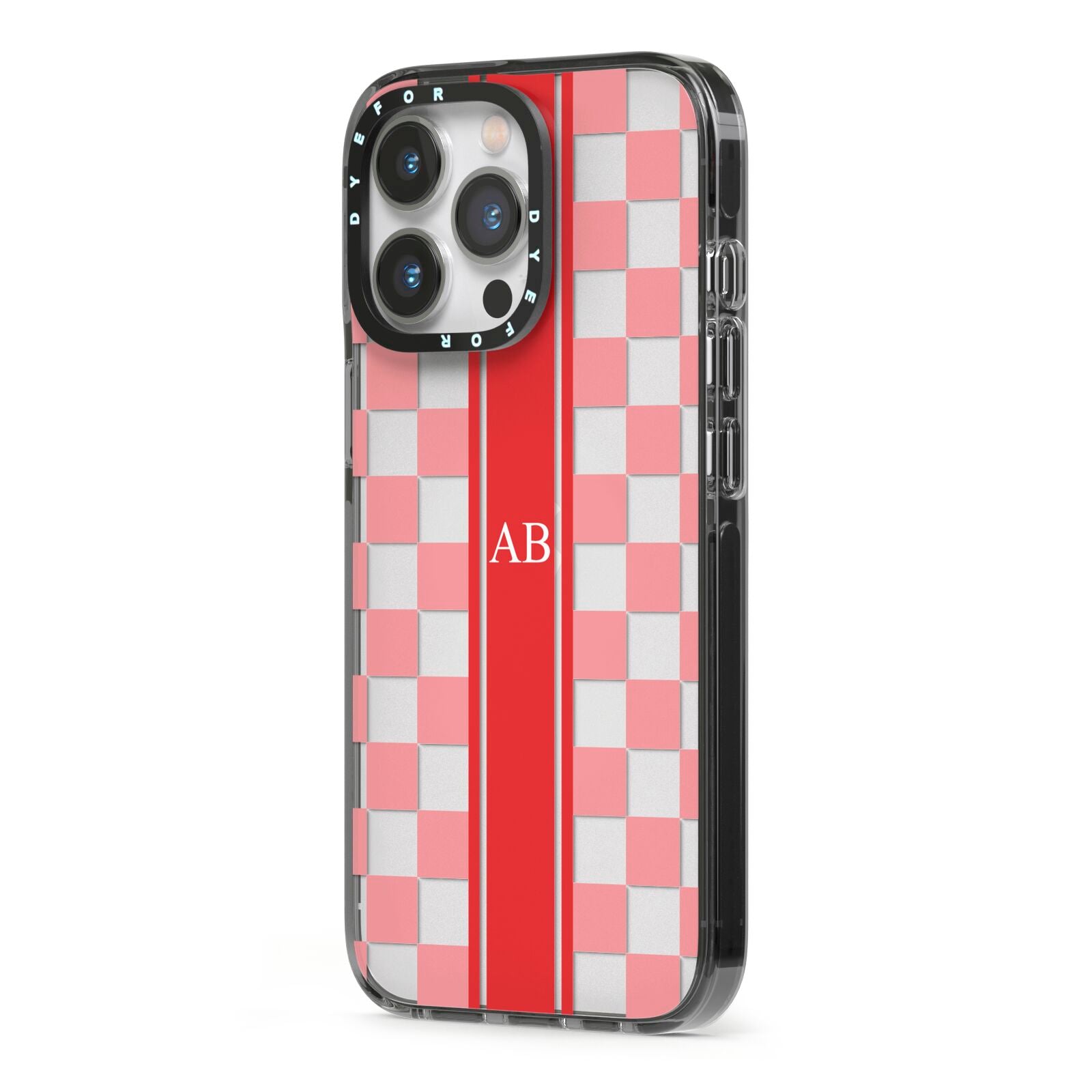 Personalised Checkered iPhone 13 Pro Black Impact Case Side Angle on Silver phone