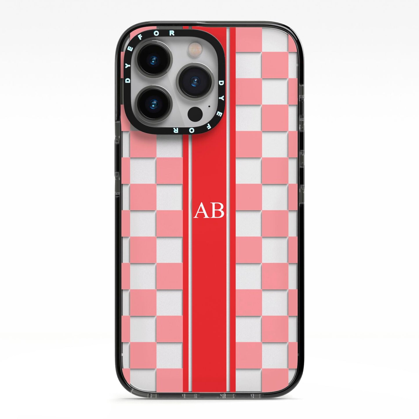 Personalised Checkered iPhone 13 Pro Black Impact Case on Silver phone