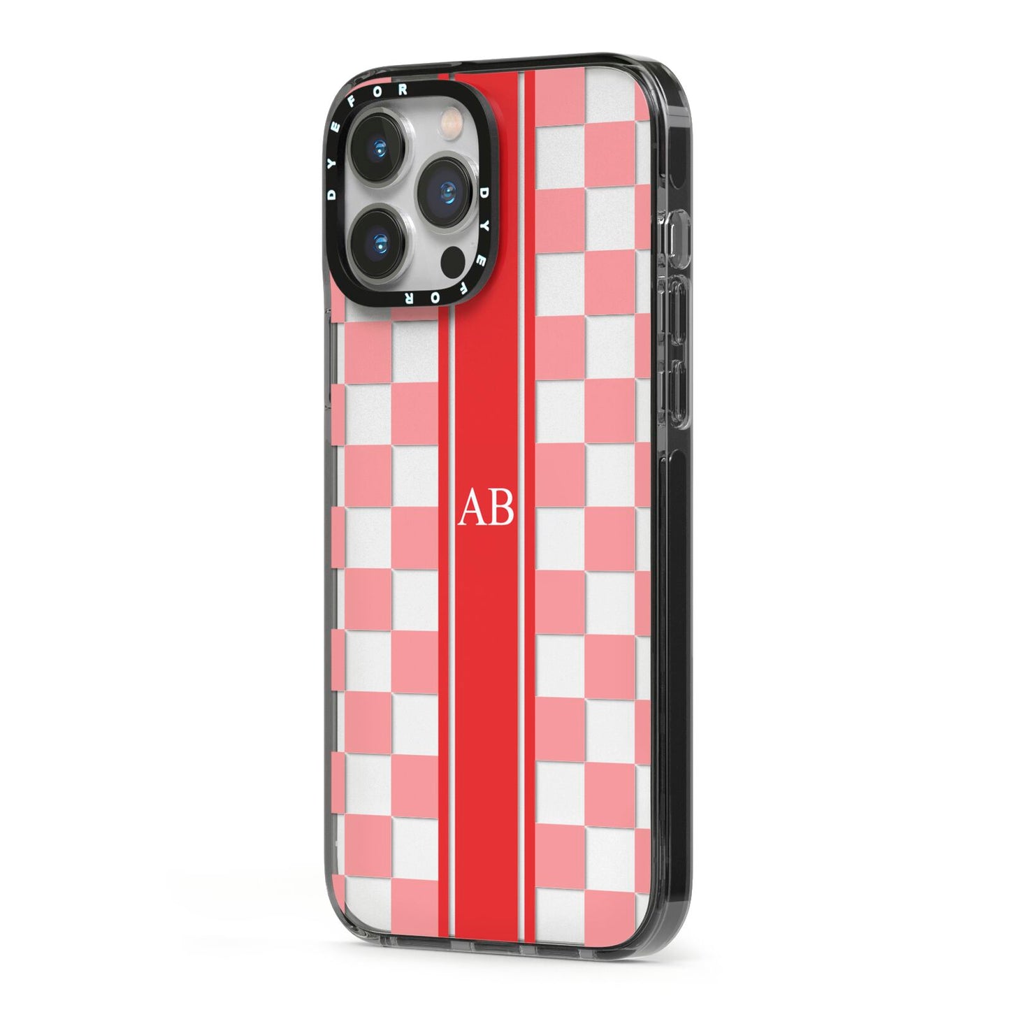 Personalised Checkered iPhone 13 Pro Max Black Impact Case Side Angle on Silver phone