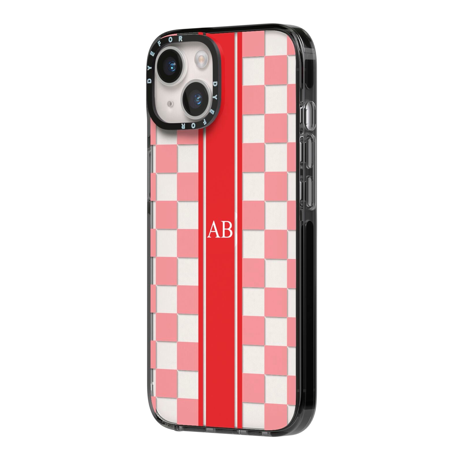 Personalised Checkered iPhone 14 Black Impact Case Side Angle on Silver phone