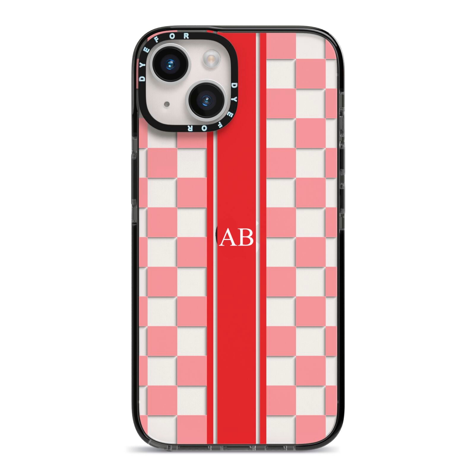 Personalised Checkered iPhone 14 Black Impact Case on Silver phone