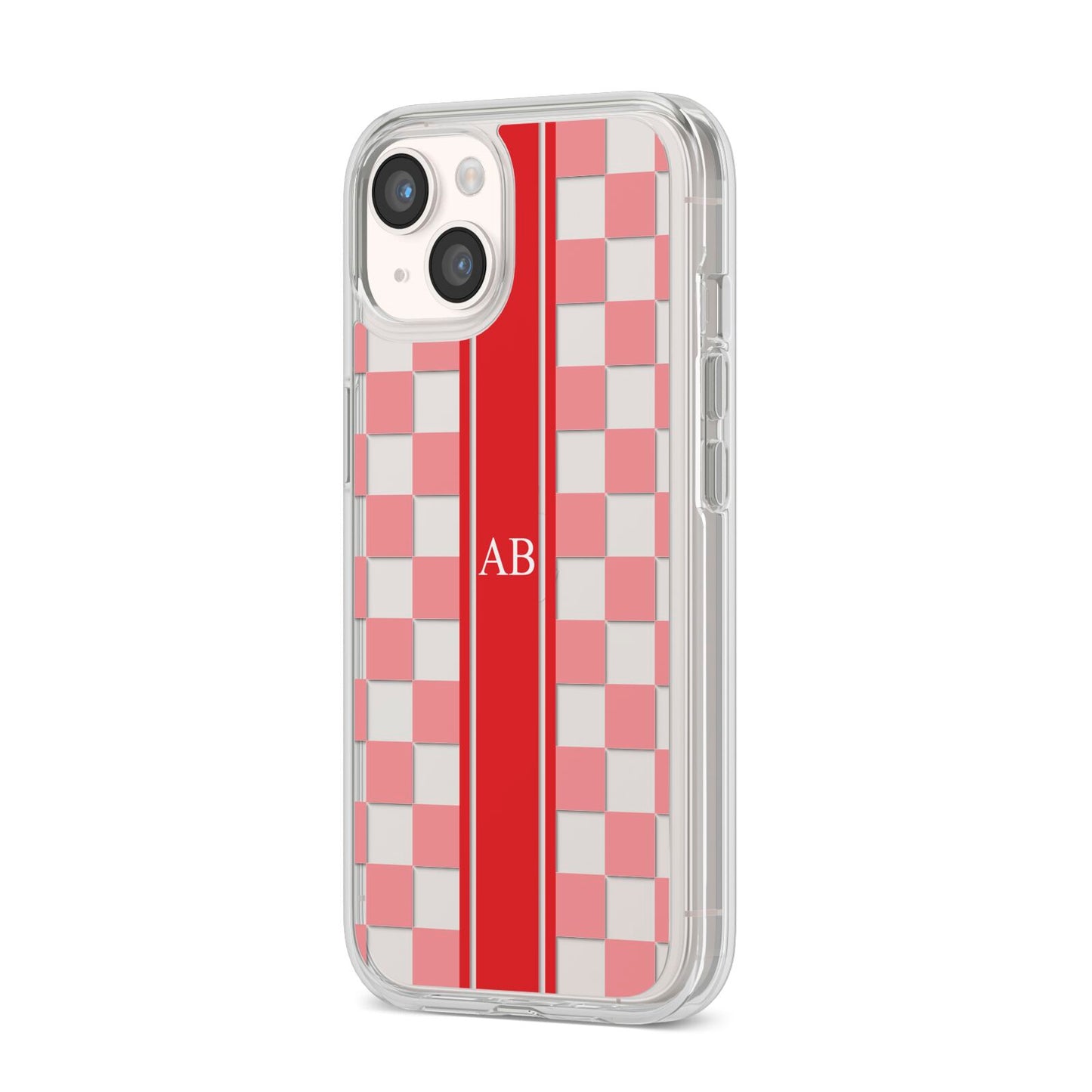 Personalised Checkered iPhone 14 Clear Tough Case Starlight Angled Image